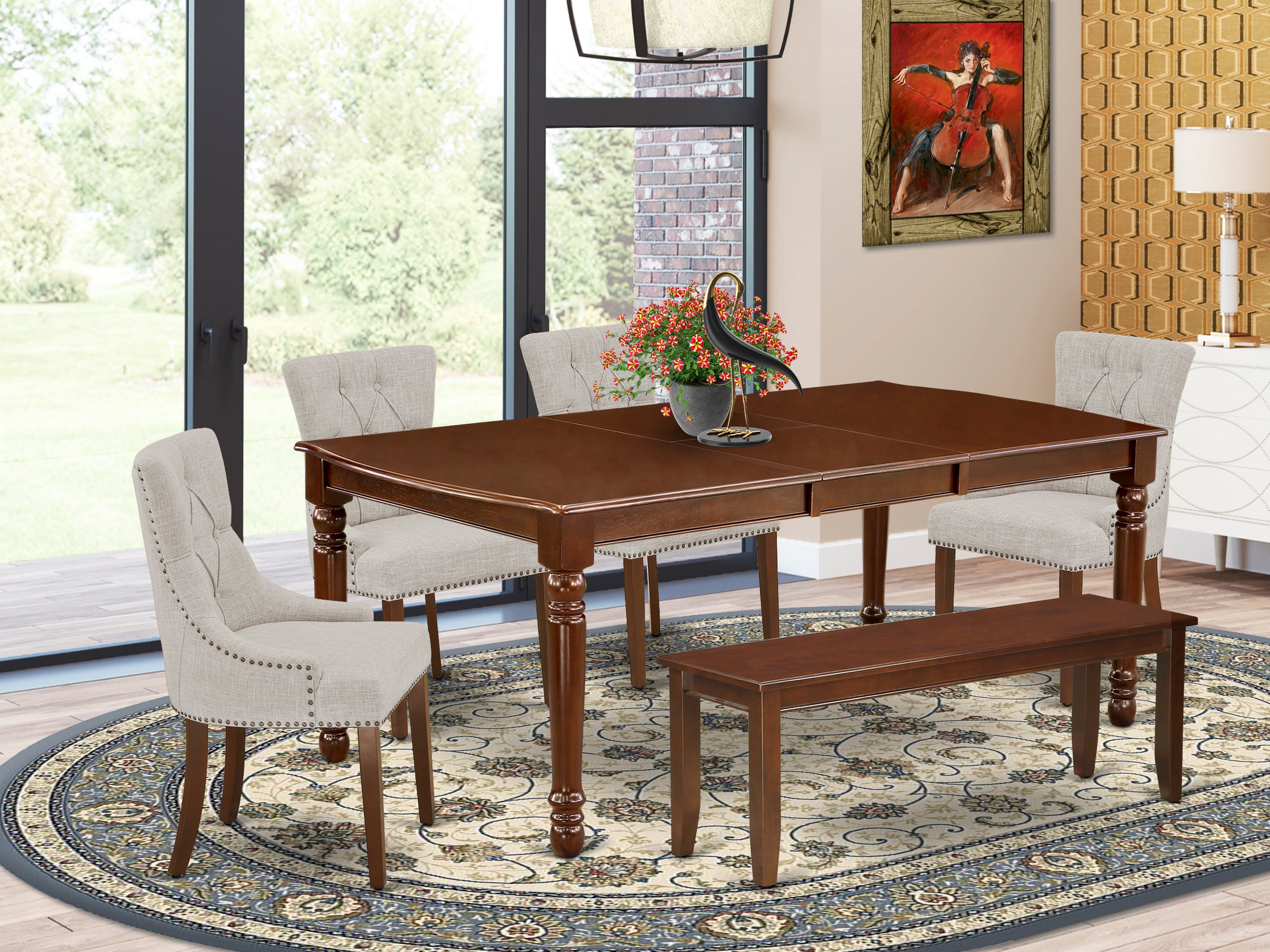 DOFR6-MAH-05 6Pc Dining Set Includes a Rectangle Dinette Table with Butterfly Leaf, Four Parson Chairs with Doeskin Fabric and a Bench, Mahogany Finish