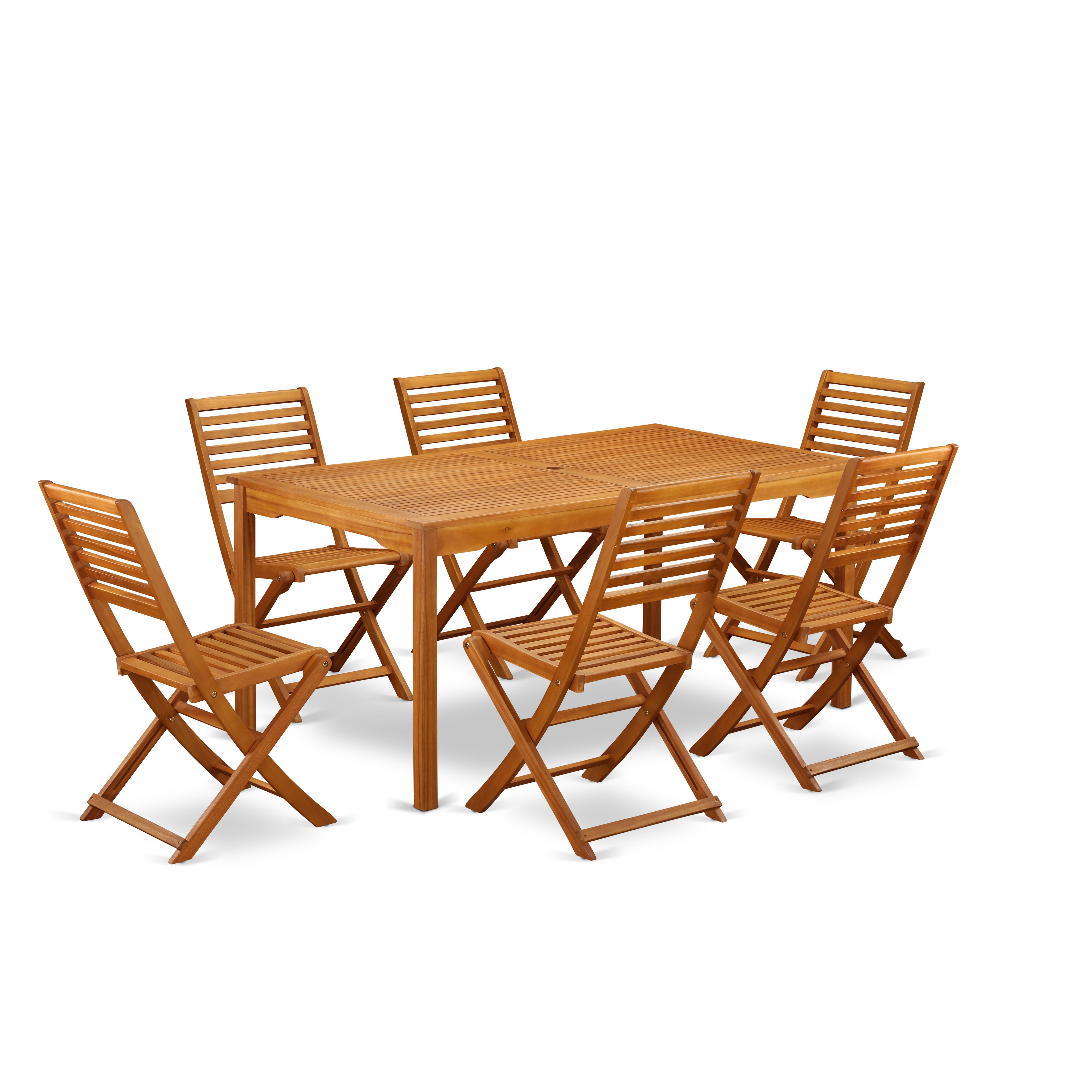 CMBS7CWNA This 7 Pc Acacia Wooden Outdoor-Furniture Dining Sets includes one Outdoor-Furniture table and Six foldable Outdoor-Furniture chairs