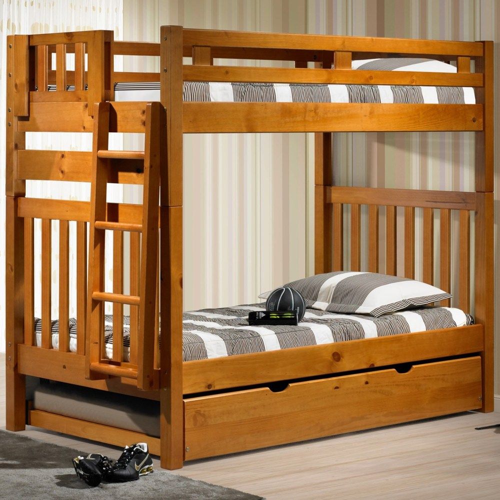 Twin Over TwinTall Mission Bunkbed With Trundle in Honey Pine