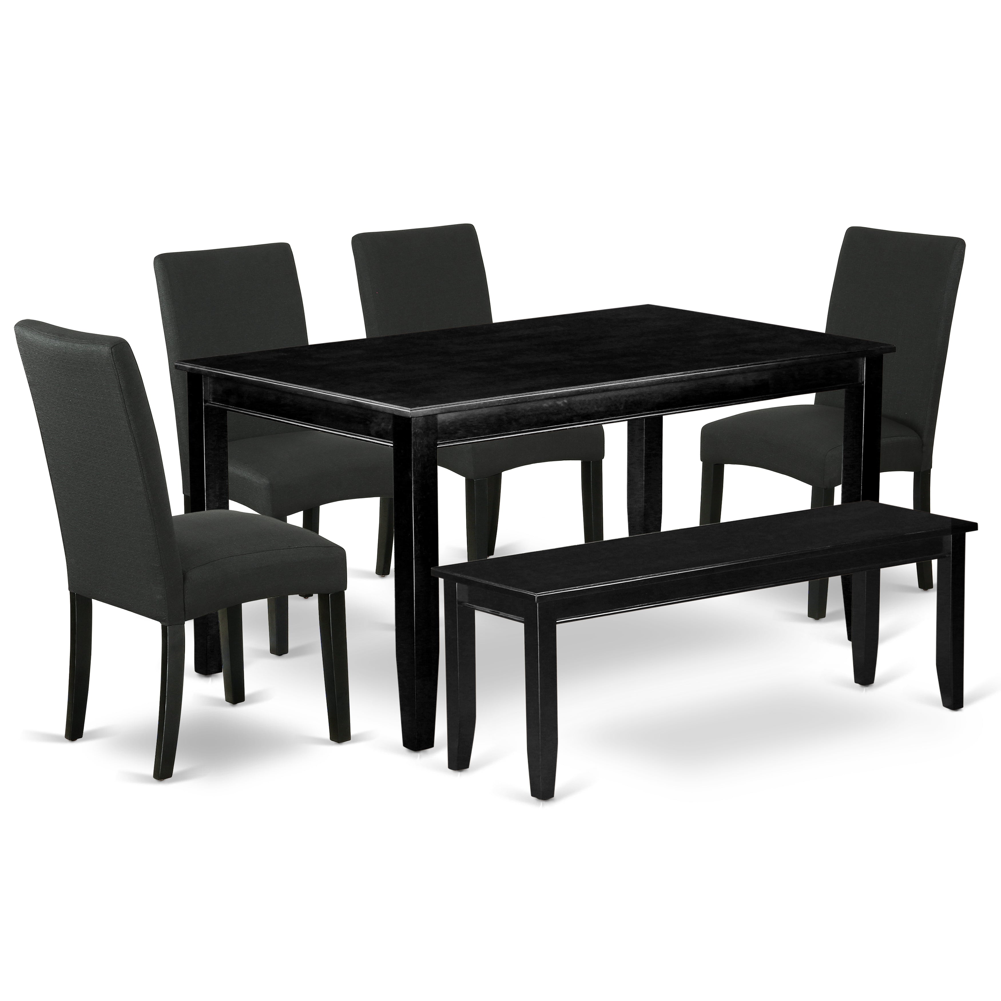DUDR6-BLK-24 6Pc Rectangular 60 Inch Dining Table And Four Parson Chair With Black Finish Leg And Linen Fabric- Black Color Plus 1 Bench
