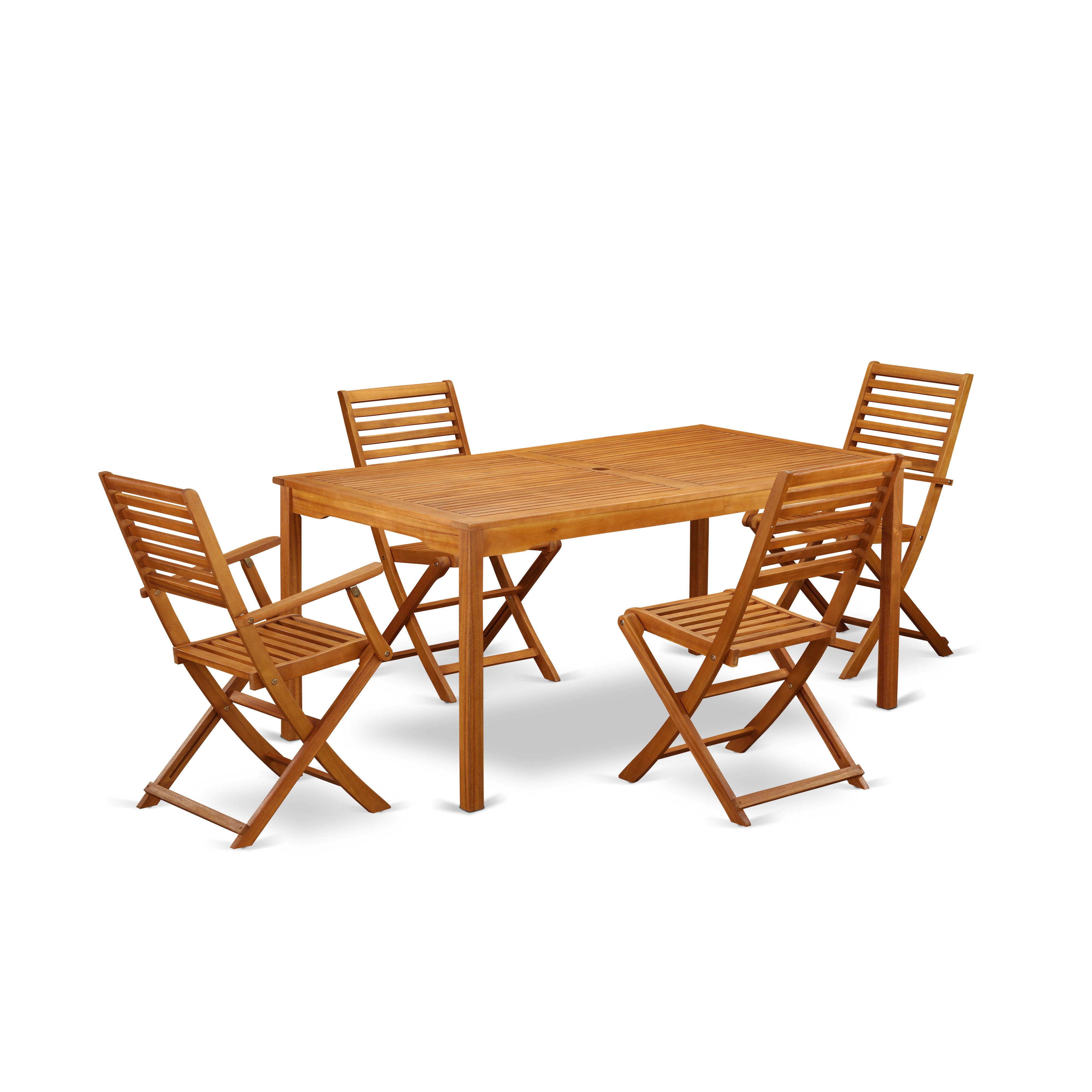 CMBS52CANA This 5 Piece Acacia Backyard Sets includes one Outdoor-Furniture table and Two side foldable chairs plus 2 arm foldable Outdoor-Furniture chairs