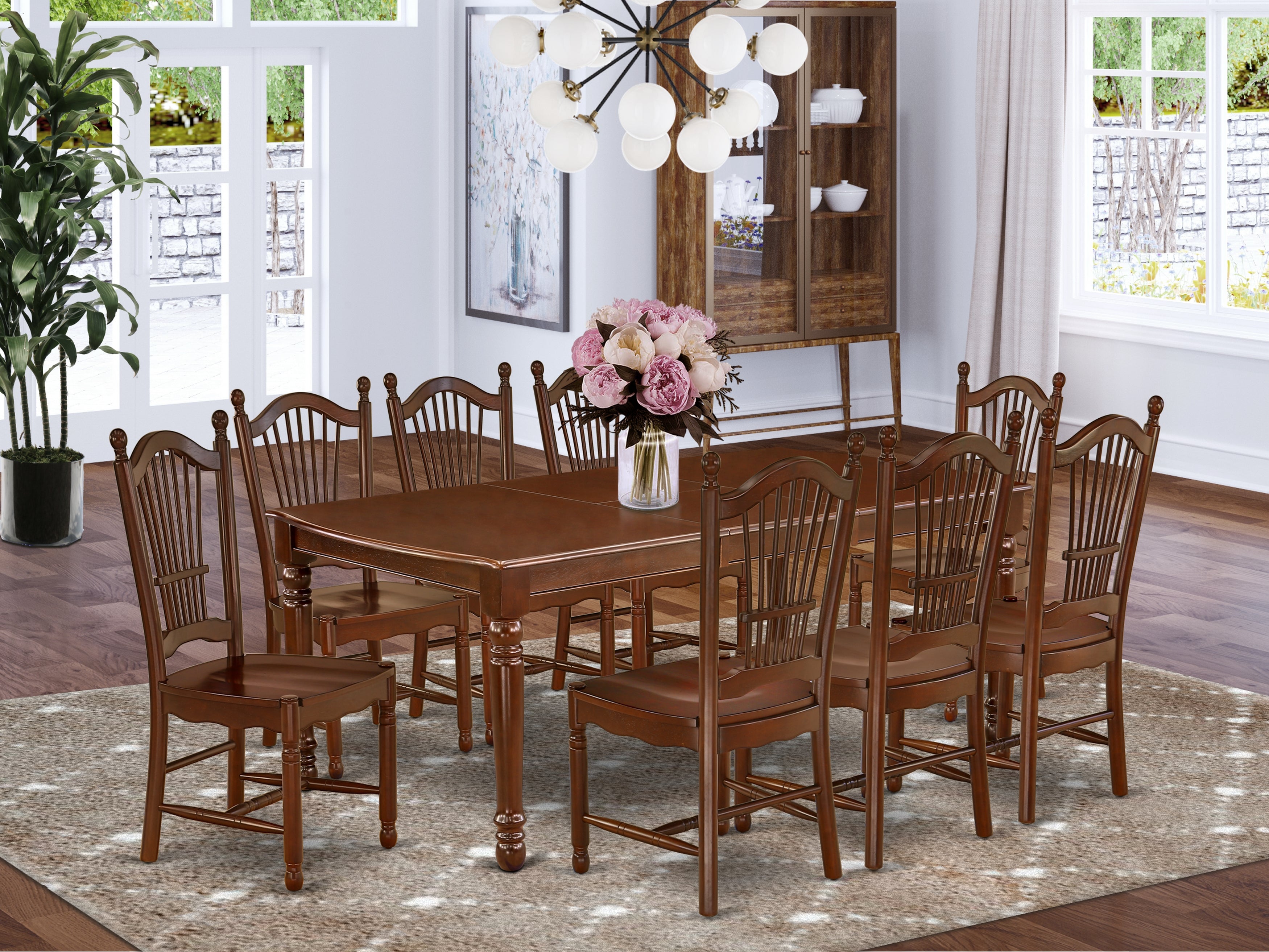 DODO9-MAH-W 9Pc Rectangle 60/78" Table With 18 In Butterfly Leaf And 8 Wood Seat Chairs