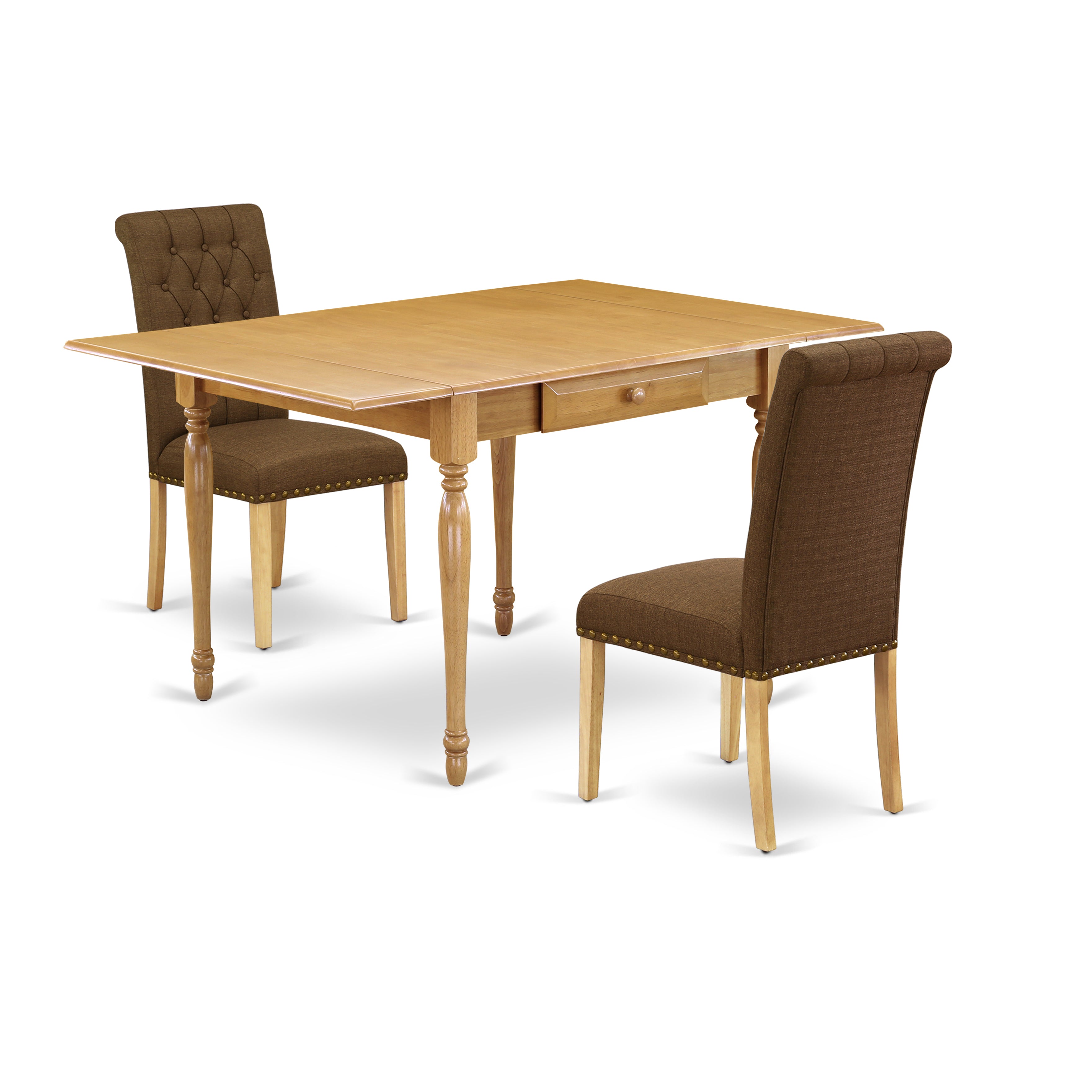 East West Furniture MZBR3-OAK-18 3Pc Dining Table Set for 2 Contains a Rectangle Table and 2 Parson Dining Chairs with Dark Coffee Color Linen Fabric, Drop Leaf Table with Full Back Chairs, Oak Finish