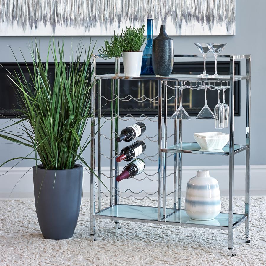 Derion Glass Shelf Serving Cart With Casters Chrome