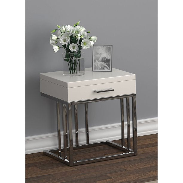 Coaster 1 Drawer Rectangular End Table Glossy White And Chrome