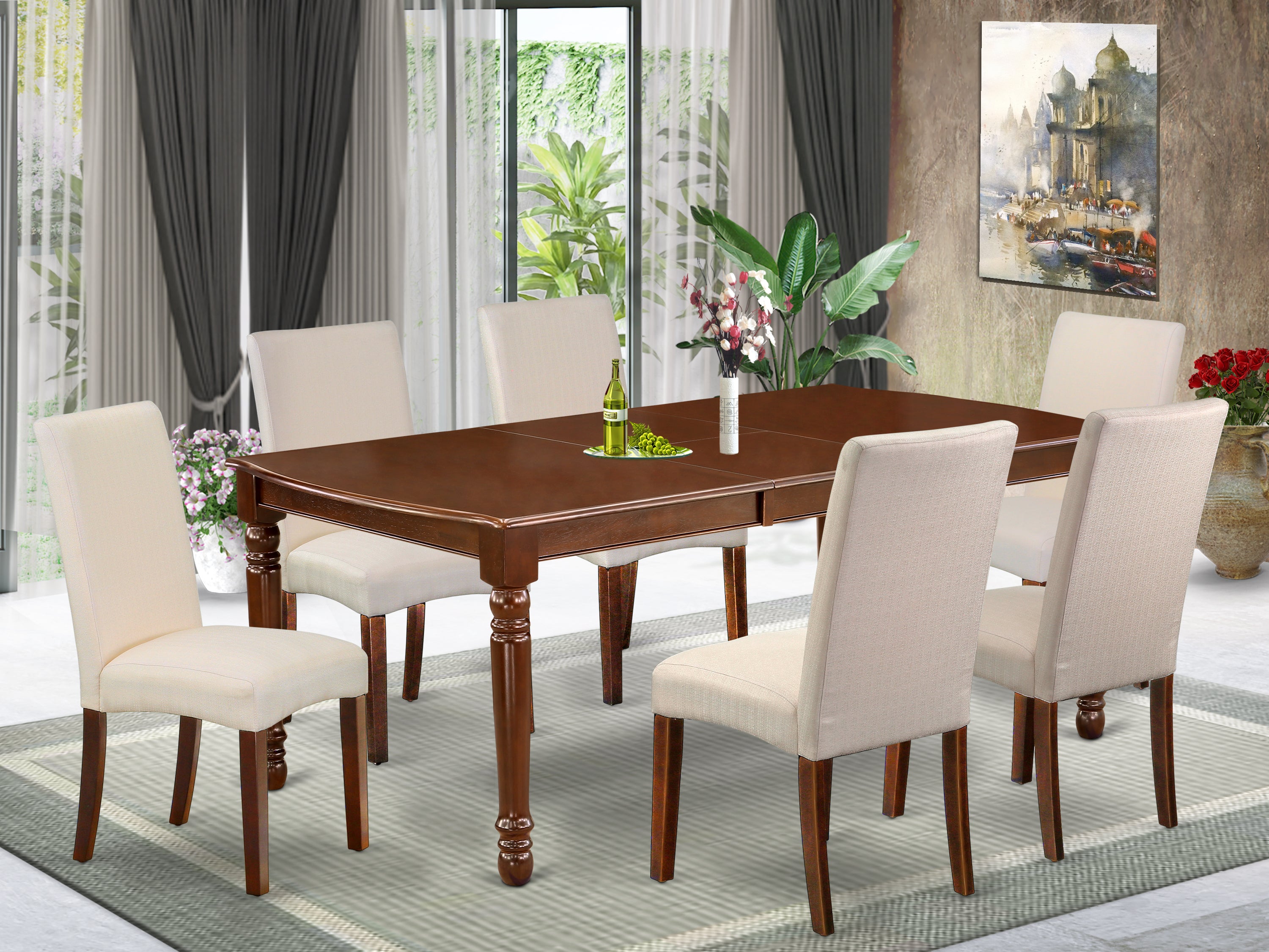 DODR7-MAH-01 7Pc Rectangle 60/78 Inch Table With 18 In Leaf And 6 Parson Chair With Mahogany Finish Leg And Linen Fabric- Cream Color