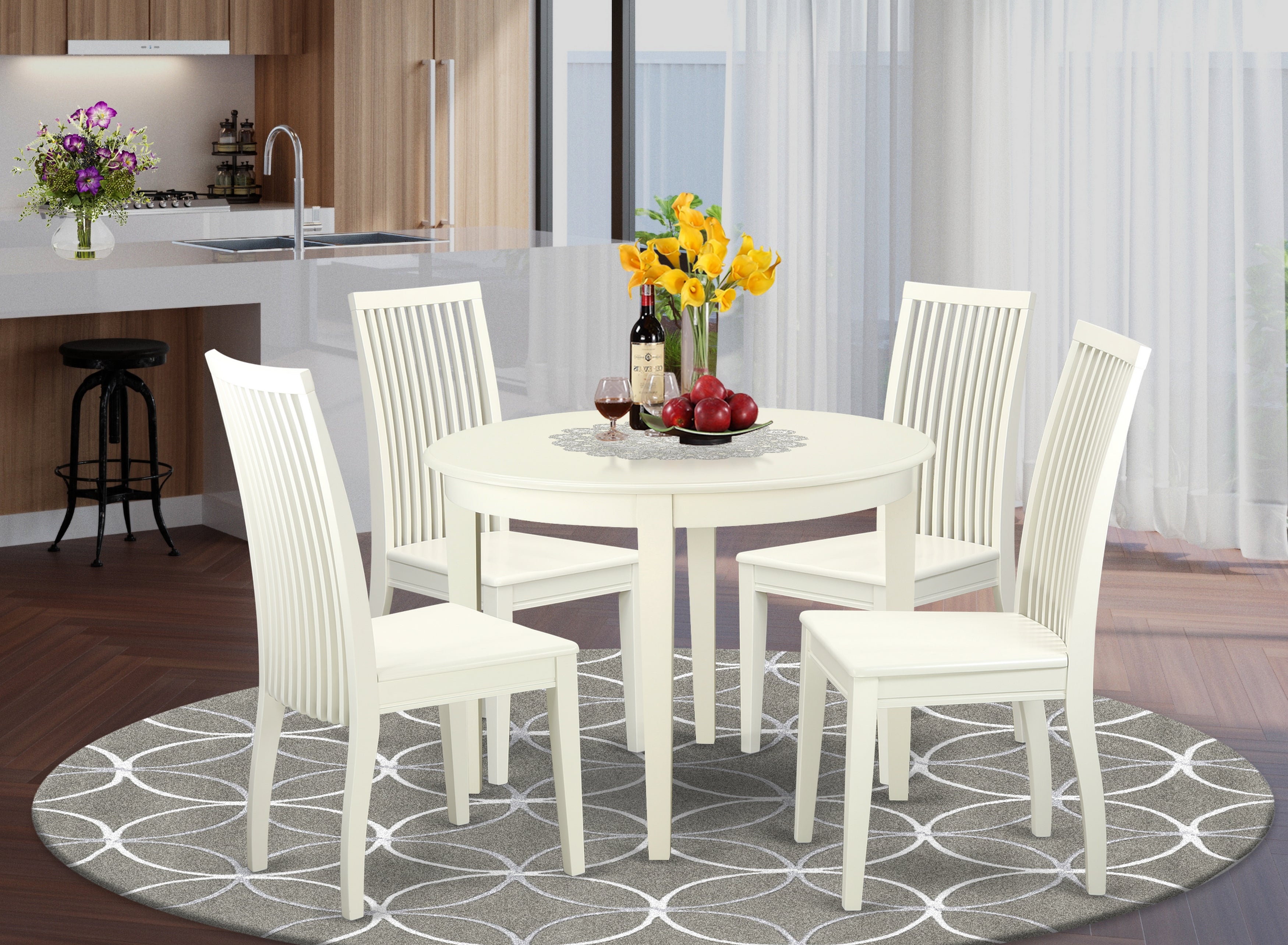 BOIP5-WHI-W 5 Pc Kitchen table set with a Dining Table and 4 Faux Leather Seat Kitchen Chairs in Linen White