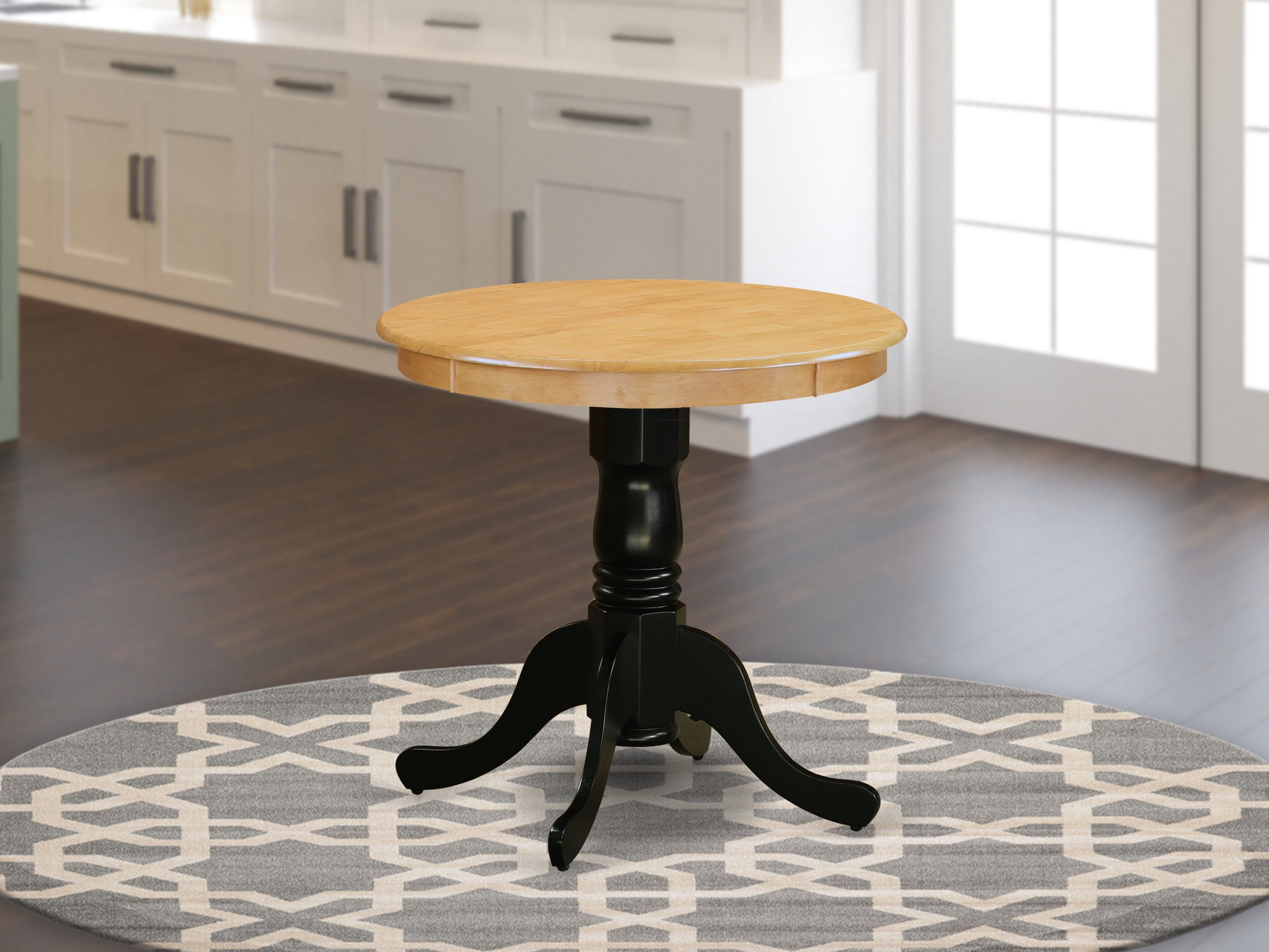 EMT-OBK-TP-TP Edan Dining Table Made of Rubber Wood offering Oak Finish Table Top, 30 Inch Round, Wirebrushed Black Finish Pedestal