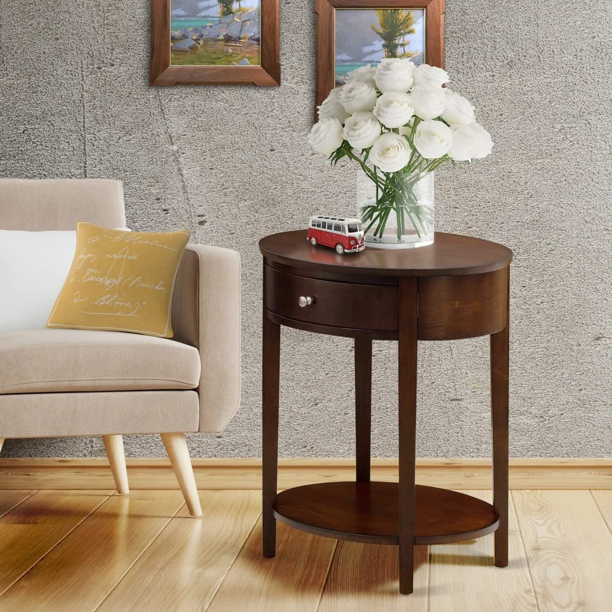 Mid Century Modern HI-0M-ET Solid Wood End Table with Drawer Antique Mahogany Finish