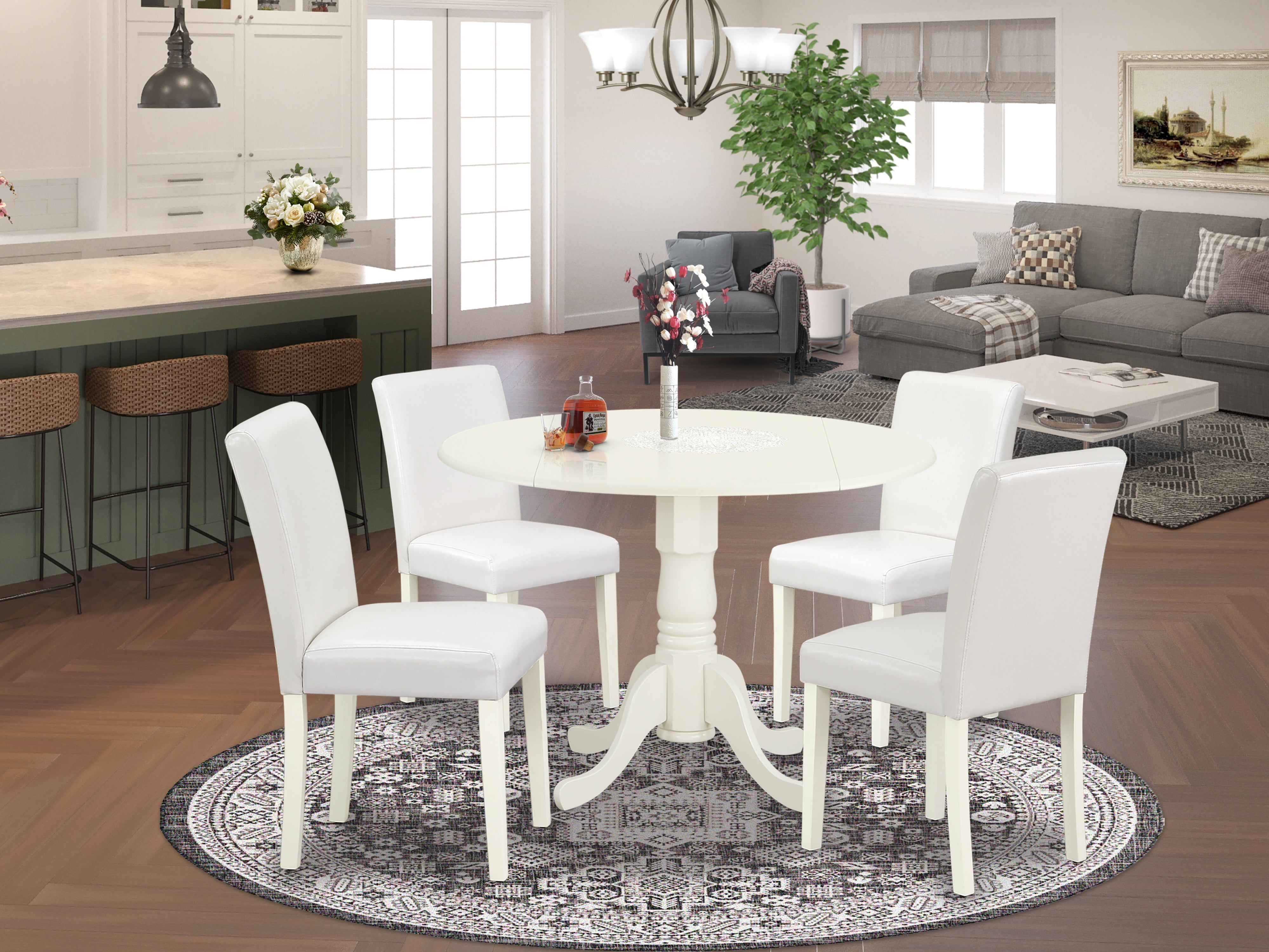 DLAB5-LWH-64 5Pc Round 42" Kitchen Table With Two 9-Inch Drop Leaves And Four Parson Chair With Linen White Leg And Pu Leather Color White