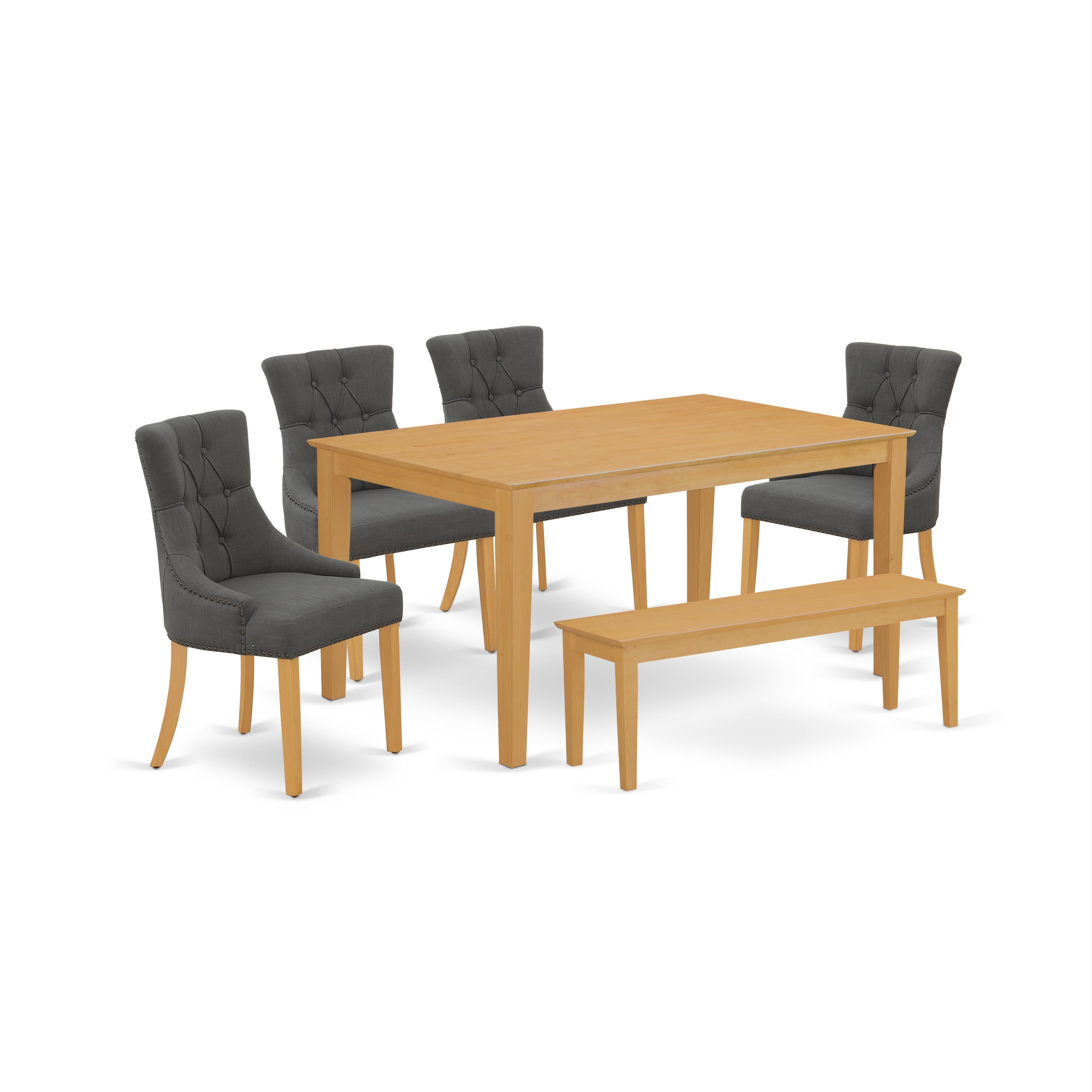 CAFR6-OAK-20 6Pc Dining Set Includes a Rectangle Dinette Table and Four Parson Chairs with Dark Gotham Grey Fabric and a Bench, Oak Finish