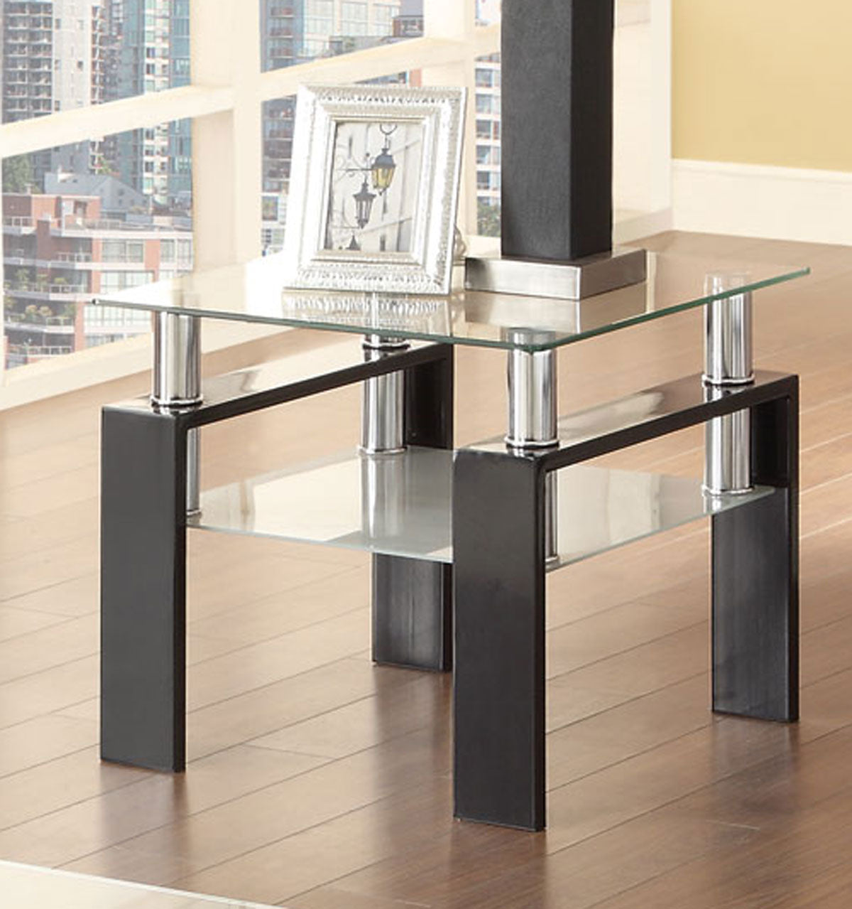 Coaster Tempered Glass Square End Table with Shelf Black and Clear