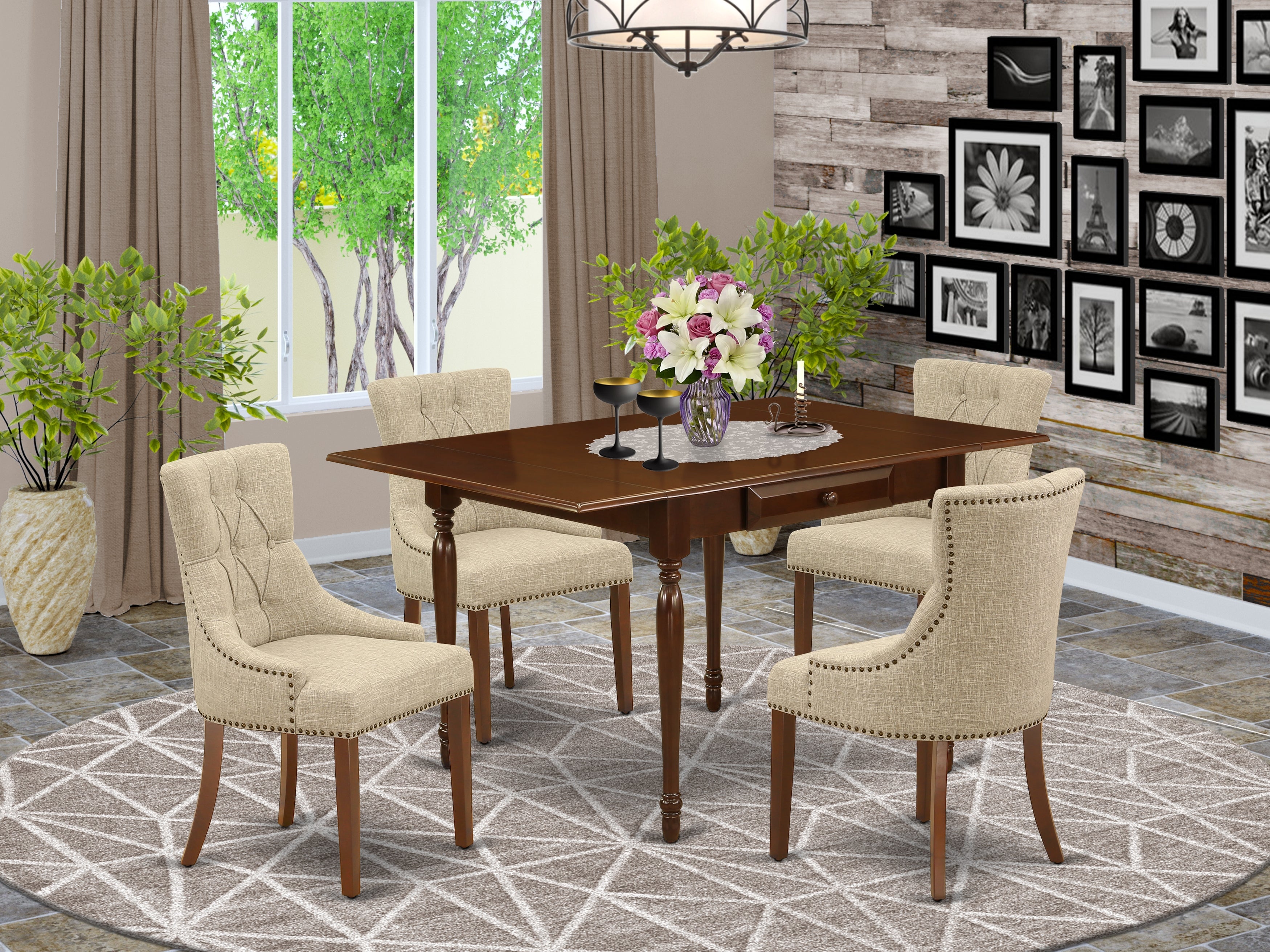 East West Furniture MZFR5-MAH-05 5Pc Kitchen Set Contains a Rectangle Table and 4 Parsons Dining Room Chairs with Doeskin Color Linen Fabric, Drop Leaf Table with Full Back Chairs, Mahogany Finish
