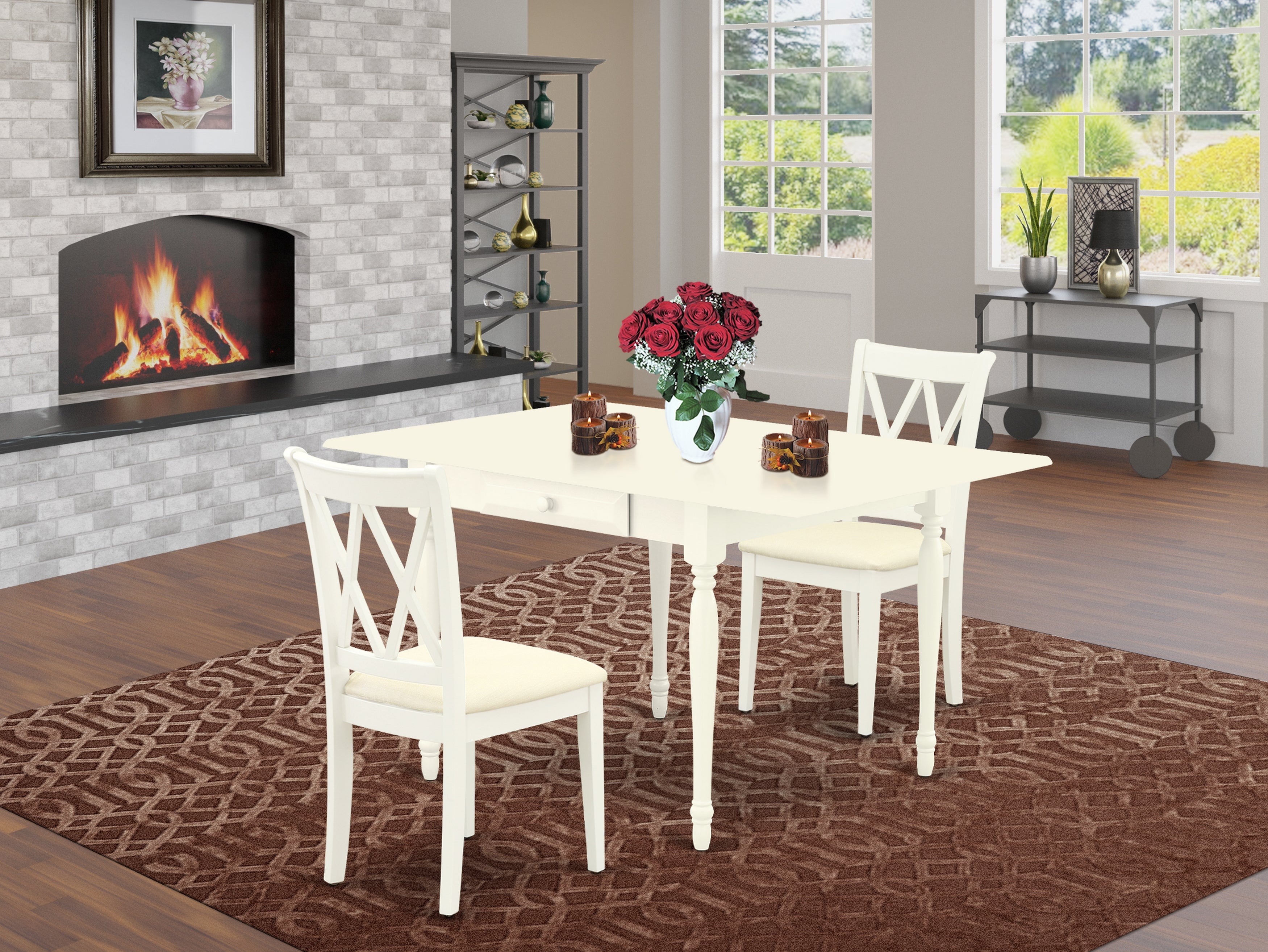 East West Furniture MZCL3-LWH-C 3Pc Dining Table Set Contains a Wood Dining Table and 2 Dining Chairs with Microfiber Upholstery Seat, Drop Leaf Table with Double X Back Chairs, Linen White Finish