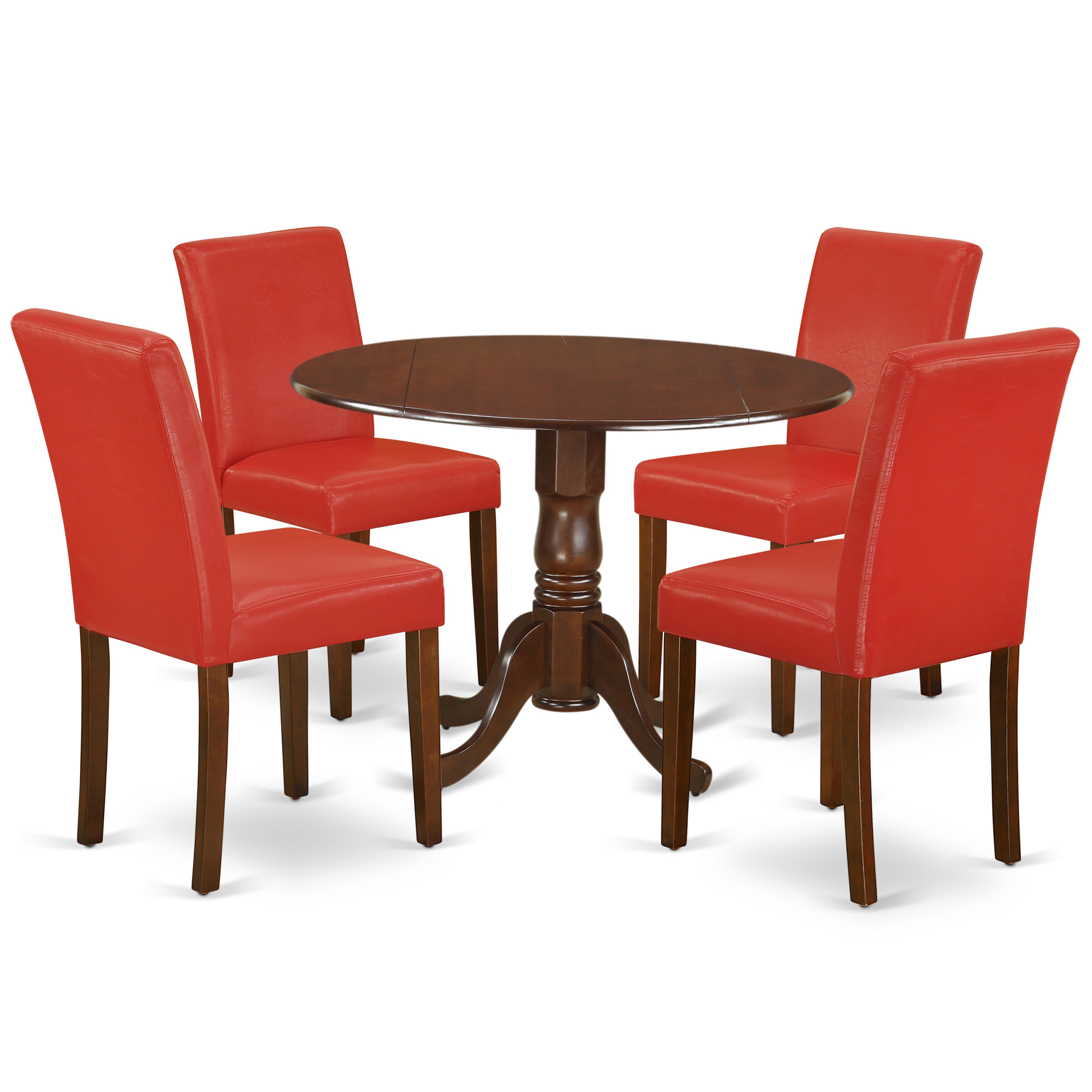 DLAB5-MAH-72 5Pc Round 42" Kitchen Table With Two 9-Inch Drop Leaves And Four Parson Chair With Mahogany Leg And Pu Leather Color Firebrick Red