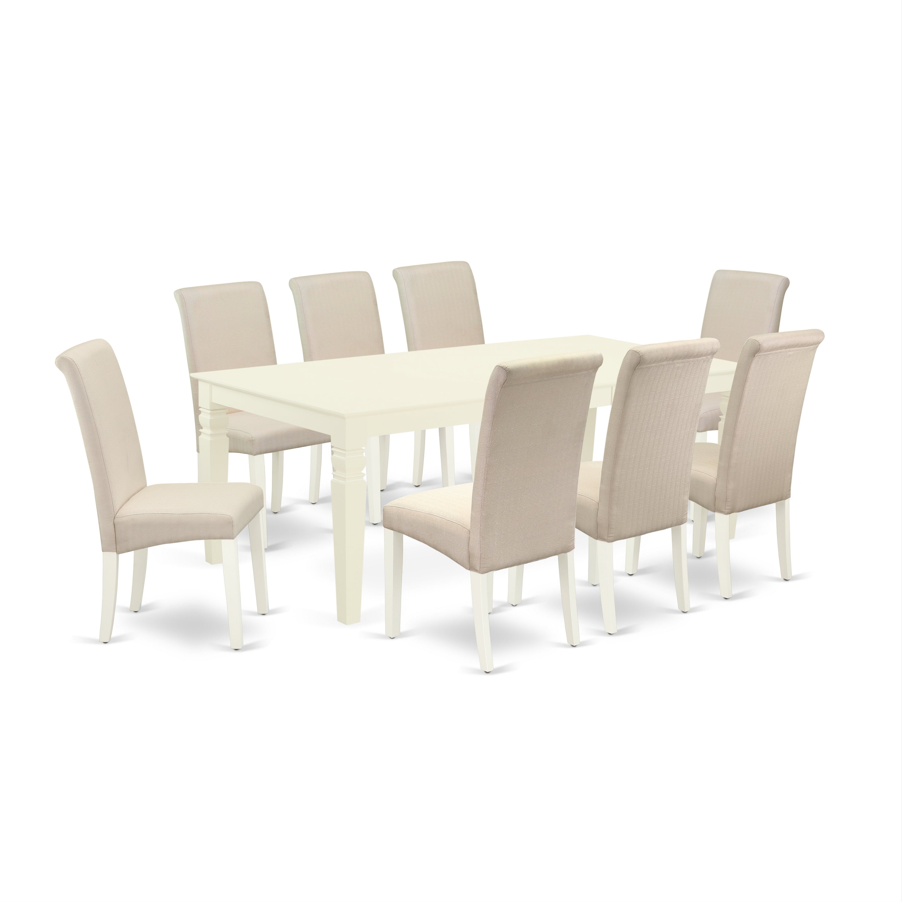 LGBA9-LWH-01 9Pc Dining Set Includes a Rectangle Dining Table with Butterfly Leaf and Eight Parson Chairs with Cream Fabric, Linen White Finish