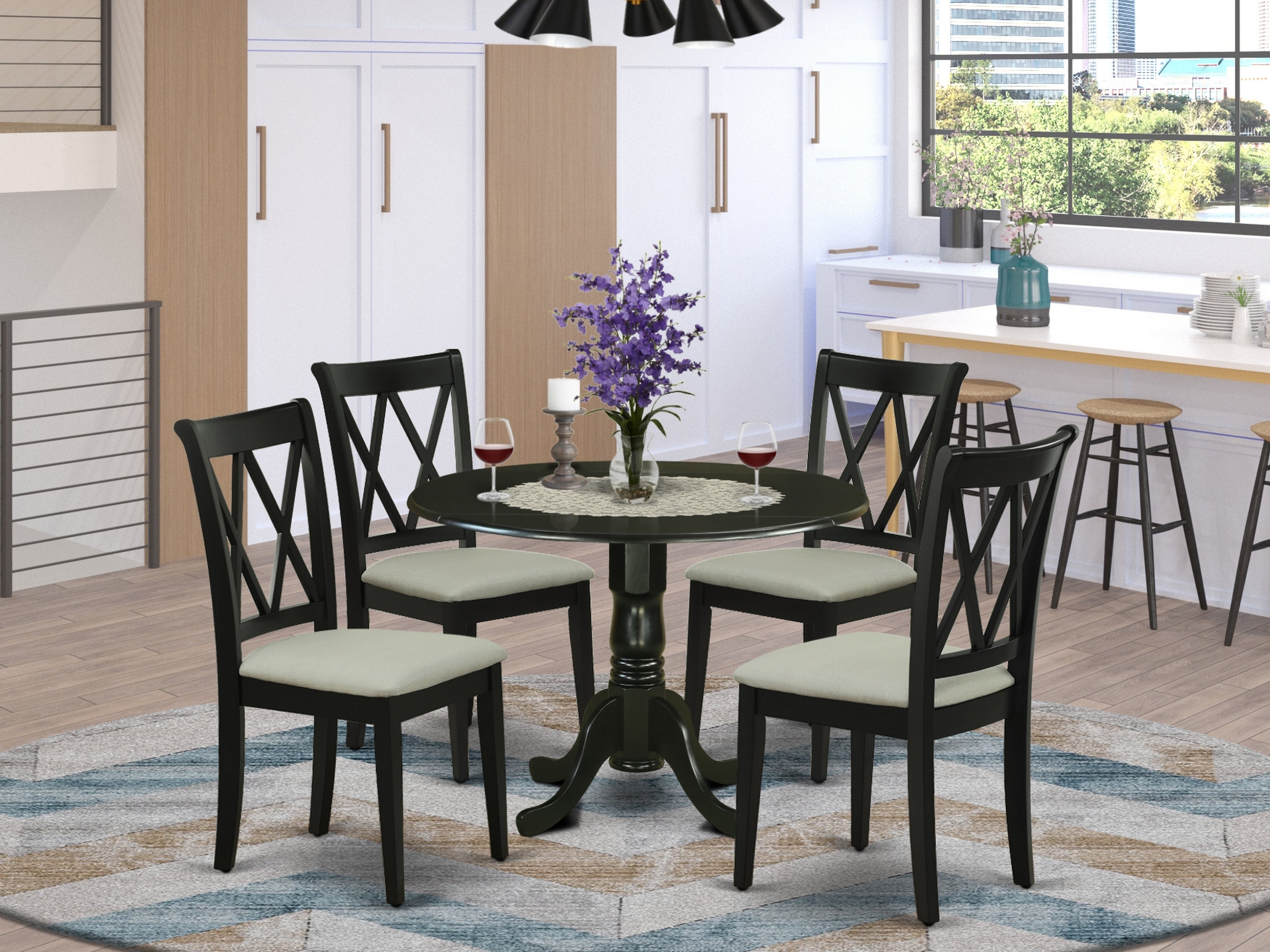 DLCL5-BLK-C 5Pc Dining Set Includes a Round Dinette Table with Drop Leaves and Four Double X Back Microfiber Seat Kitchen Chairs, Black Finish