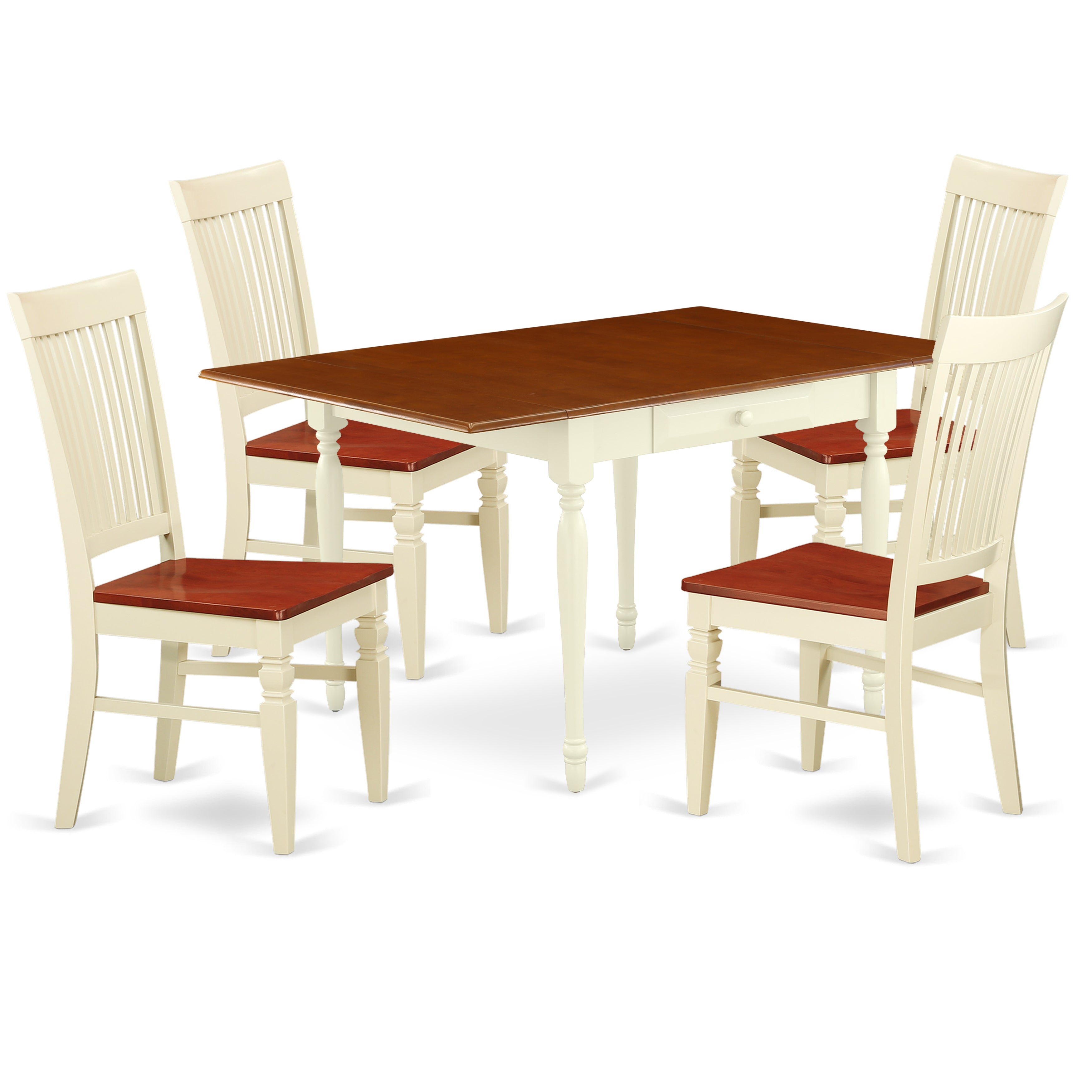 East West Furniture MZWE5-WHI-W 5 Pieces Kitchen Table set - Strong Drop Leaf Solid Wood Dining Table and 4 Real Wood Seat Dining Room Chairs, Buttermilk and Cherry Finish