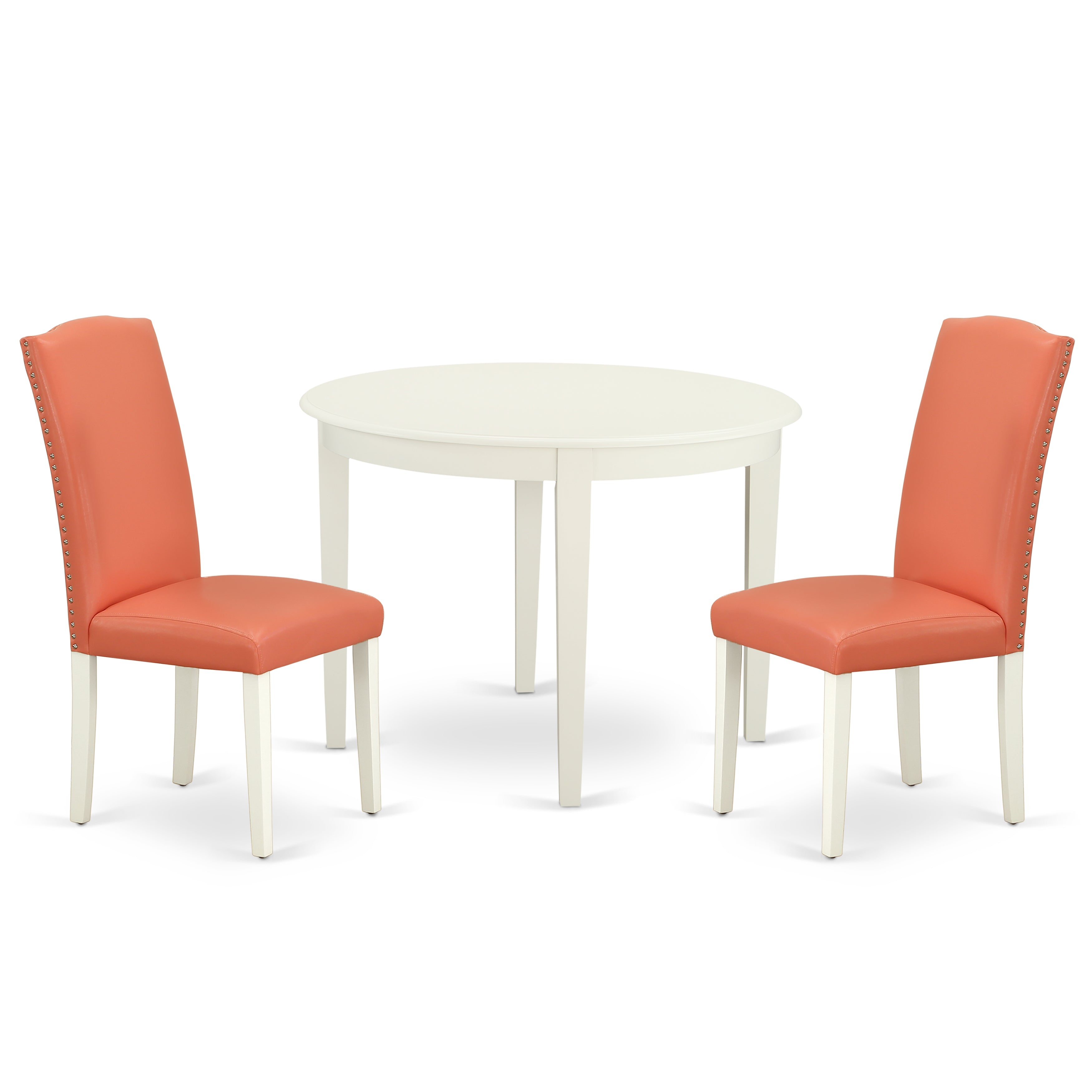 BOEN3-LWH-78 3Pc Round 42" Table And Two Parson Chair With Linen White Leg And Pu Leather Color Pink Flamingo