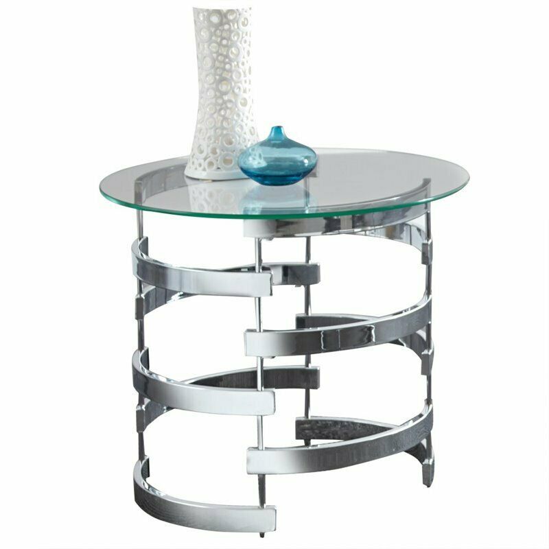 Steve Silver Tayside Rumfelt Round Glass Top End Table in Chrome