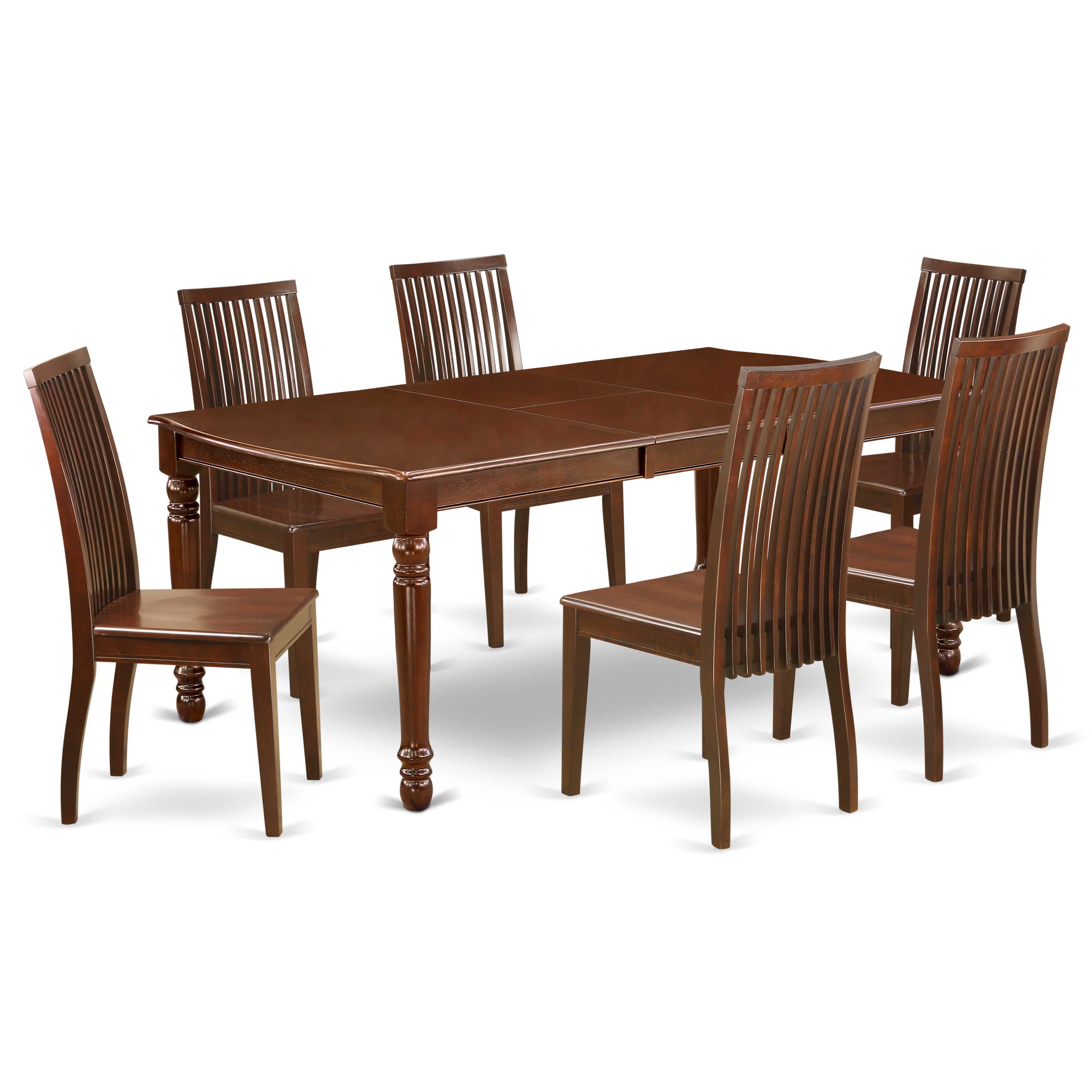 DOIP7-MAH-W 7Pc Rectangle 60/78" Dining Table With 18 In Self Storing Butterfly Leaf And Six Wood Seat Kitchen Chairs