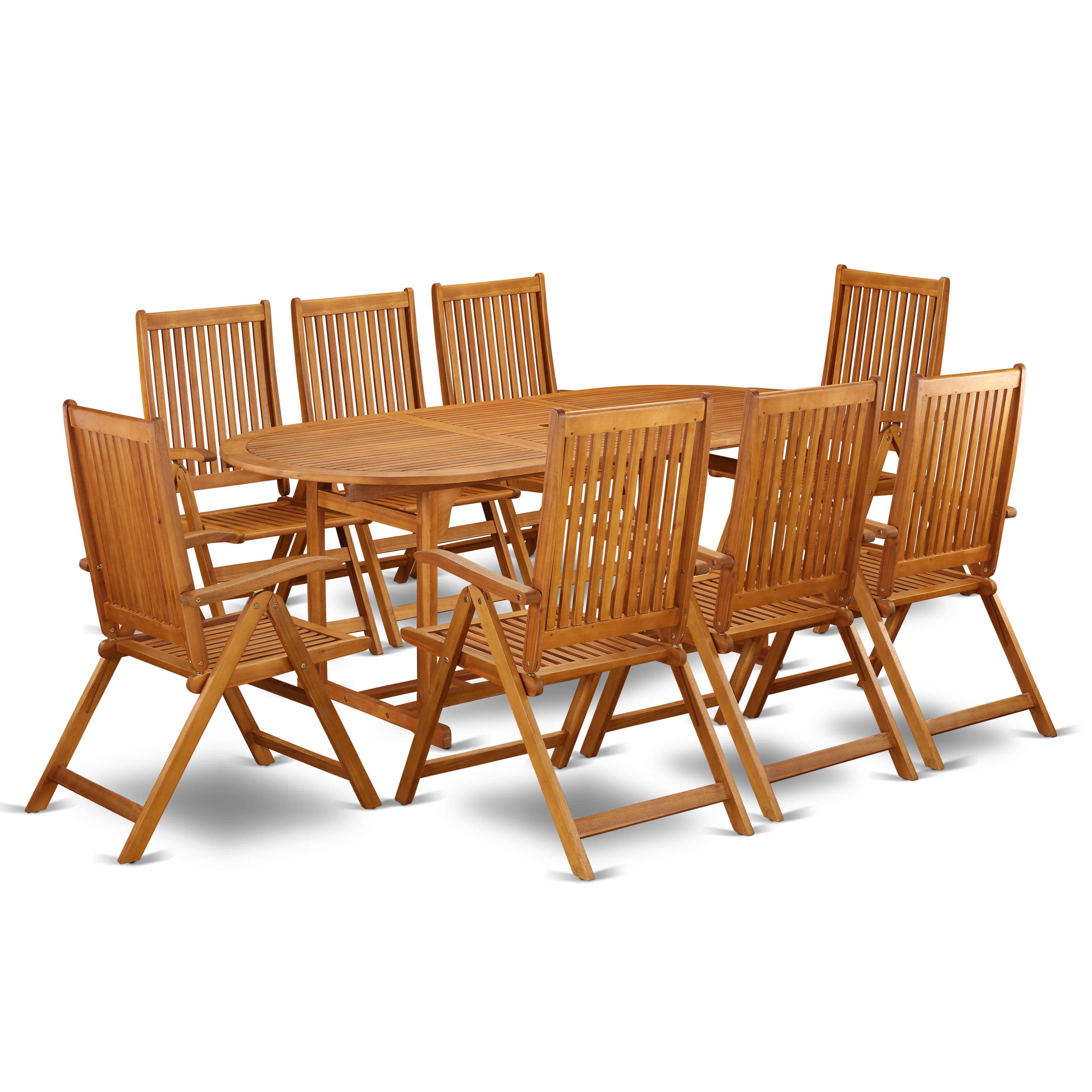 BSCN9NC5N This 9 Piece Acacia Solid wood Backyard Sets offers one Outdoor-Furniture table and Eight foldable Outdoor-Furniture chairs