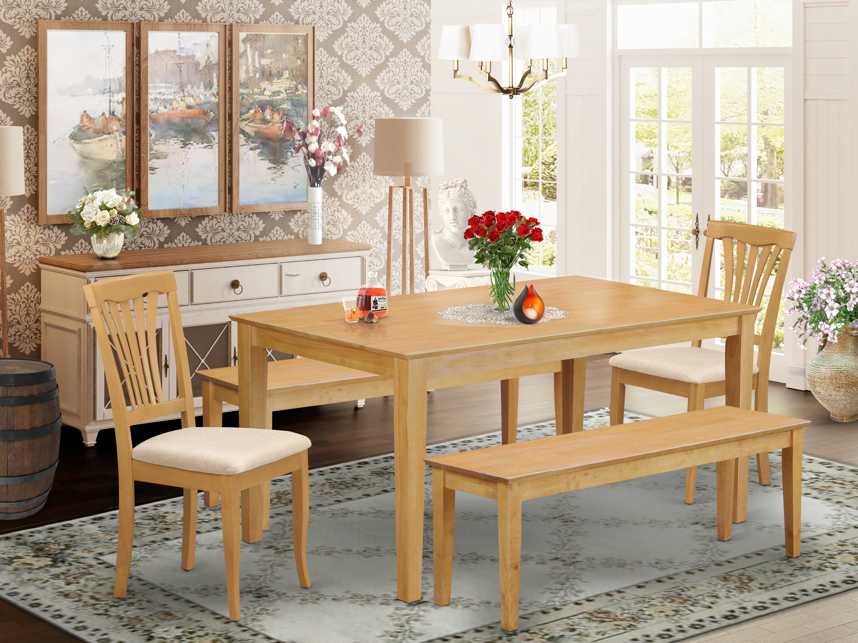 CAAV5C-OAK-C 5 PcKitchen Table set - Table and 2 Dining Chairs combined with 2 benches