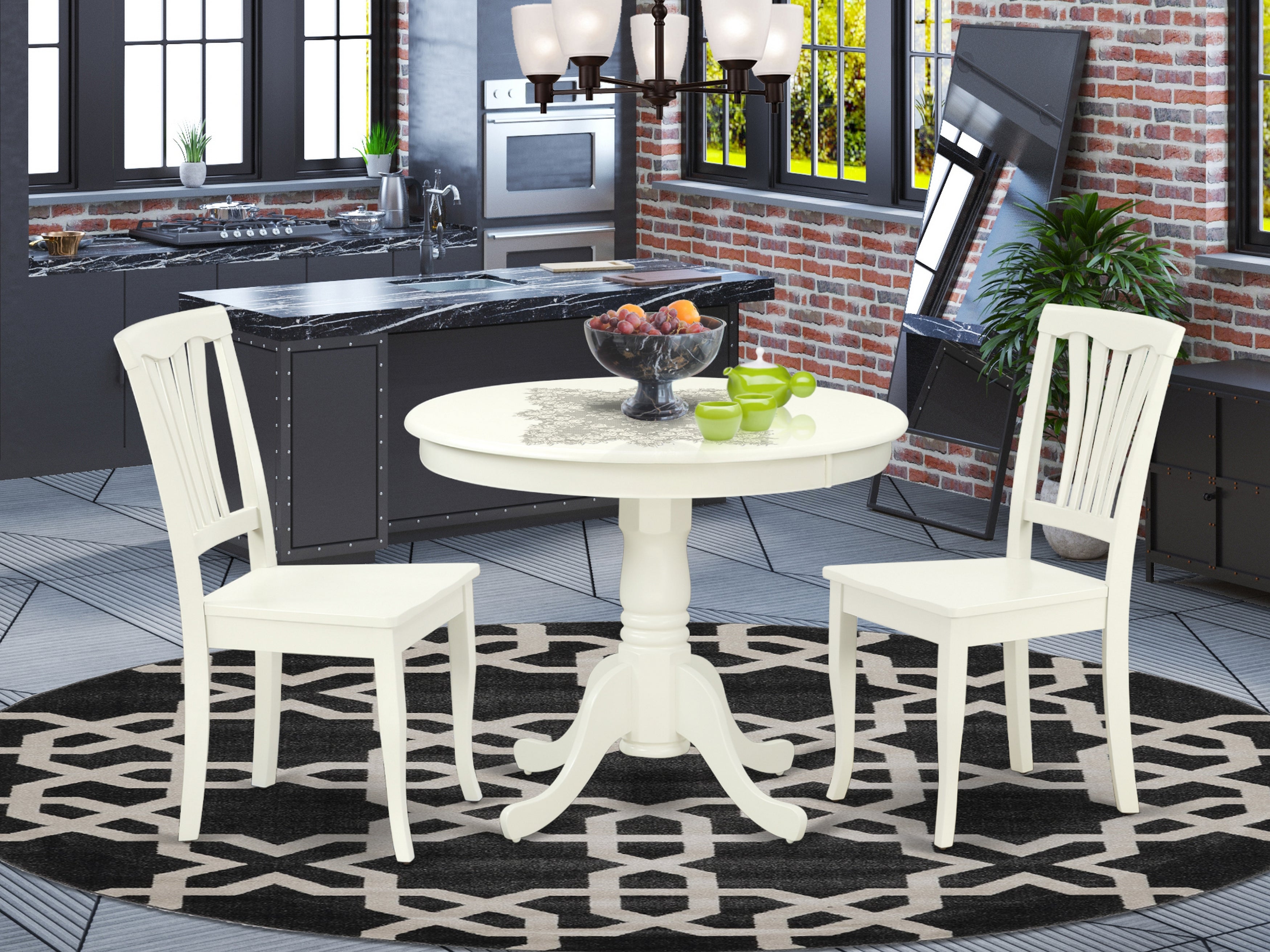 ANAV3-LWH-W 3PC Round 36 inch Table and 2 vertical slatted Chairs