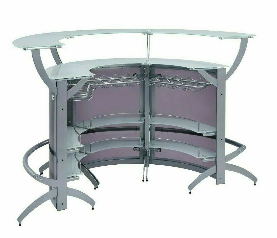 Modern Contemporary Silver 2-Shelf Curved Bar Wine Cabinet Table W Frosted Glass