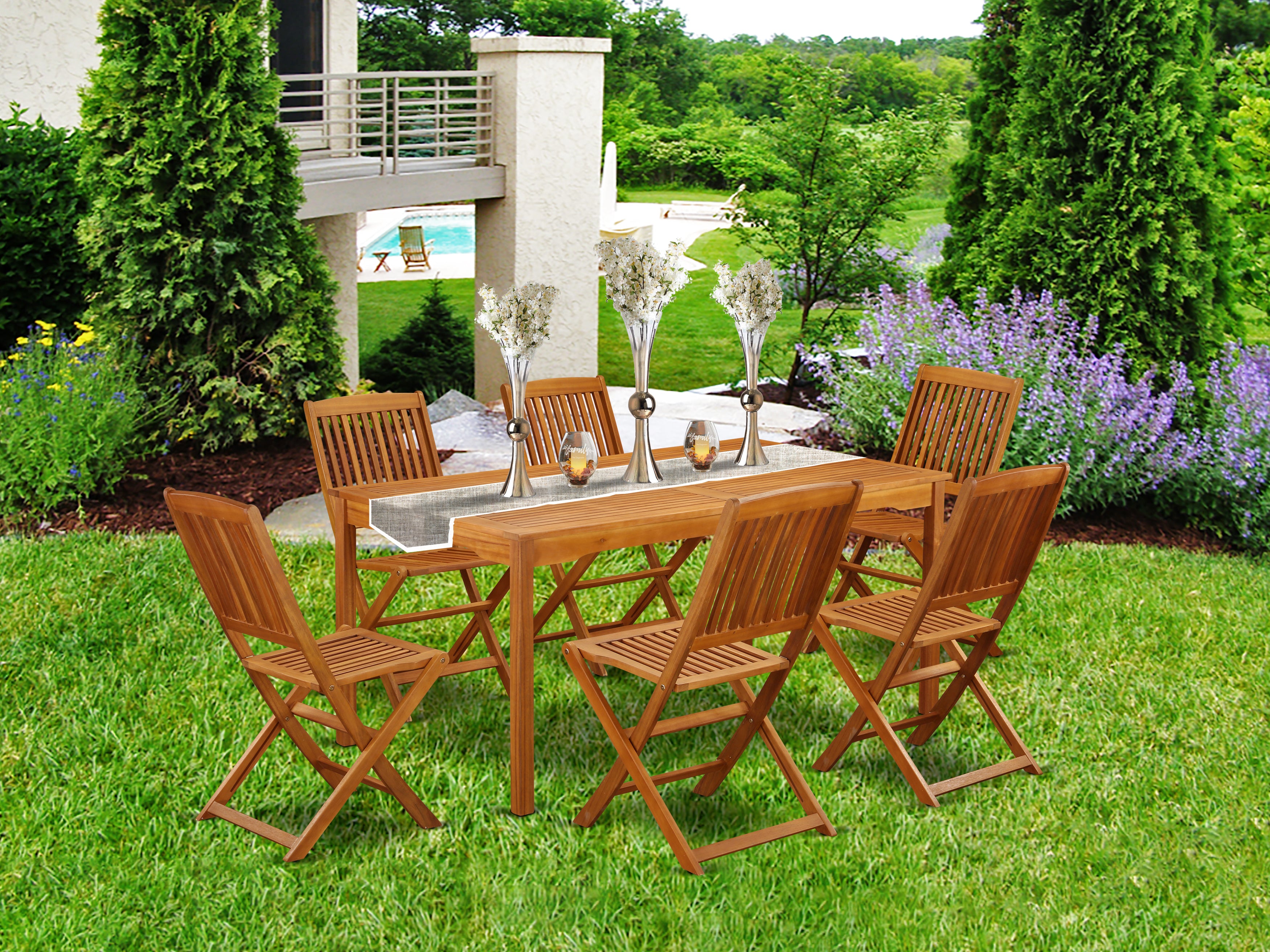 CMCM7CWNA This 7 Piece Acacia Solid wood Outside patio Dining Sets offers one Outdoor-Furniture table and Six patio dining chairs