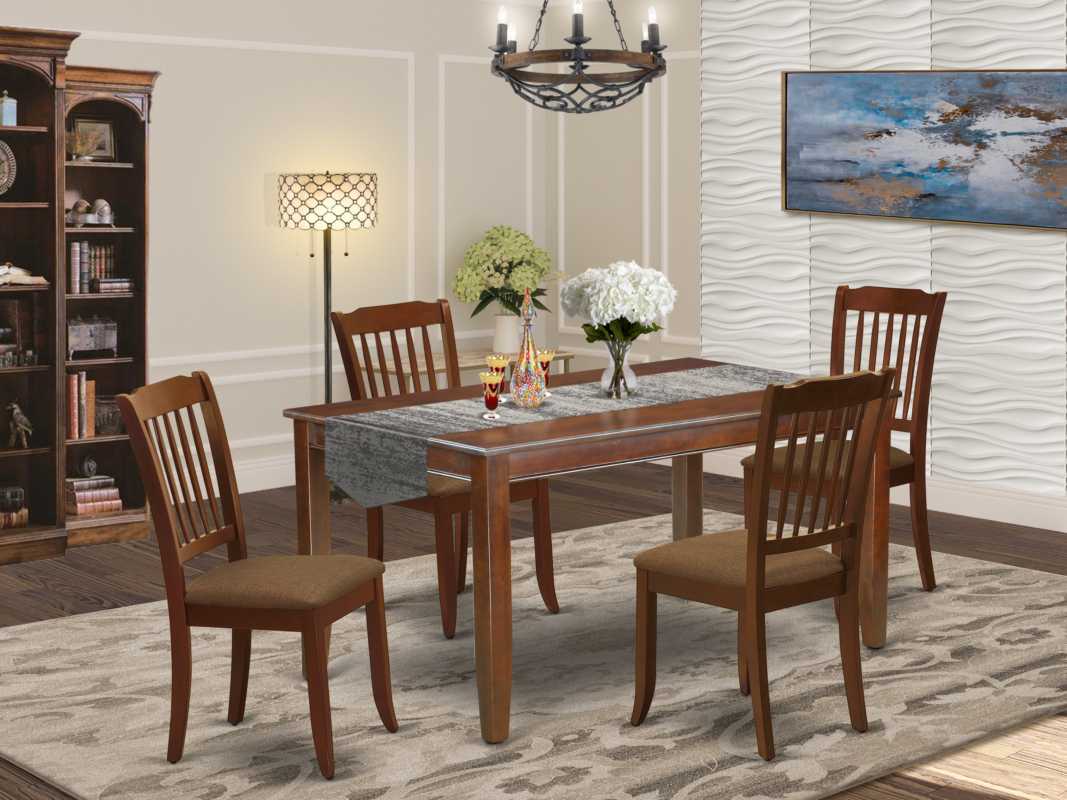 DUDA5-MAH-C 5Pc Dining Set Includes a Rectangle Dining Table and Four Vertical Slatted Microfiber Seat Kitchen Chairs, Mahogany Finish