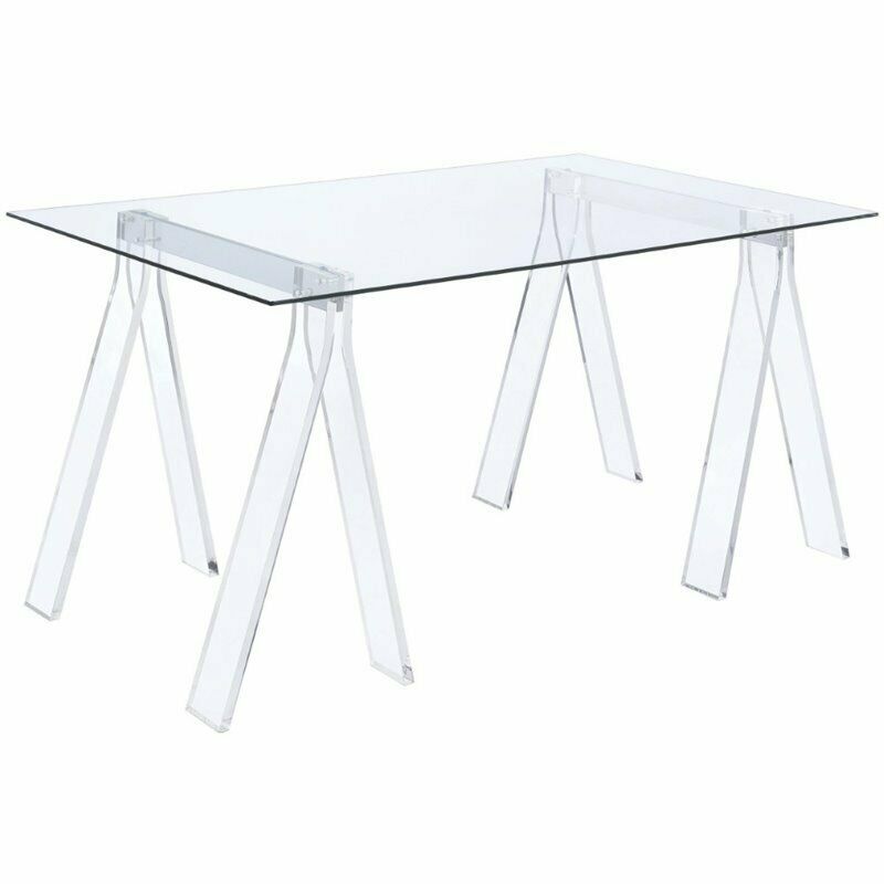 Amaturo Contemporary Clear Glass Top Acrylic Sawhorse Writing Desk