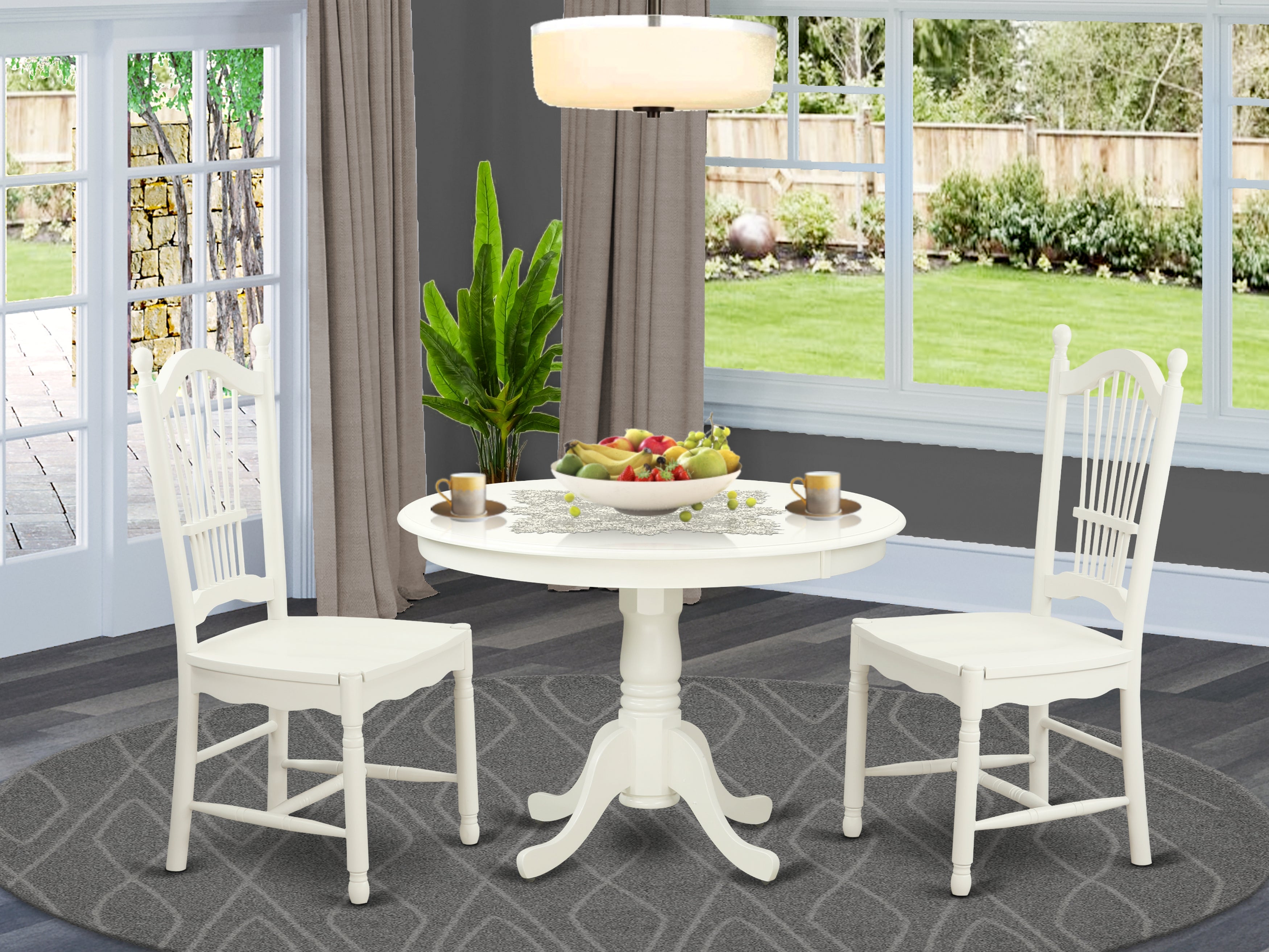 HLDO3-LWH-W 3 Pc set with a Round Dinette Table and 2 Wood Dinette Chairs in Linen White