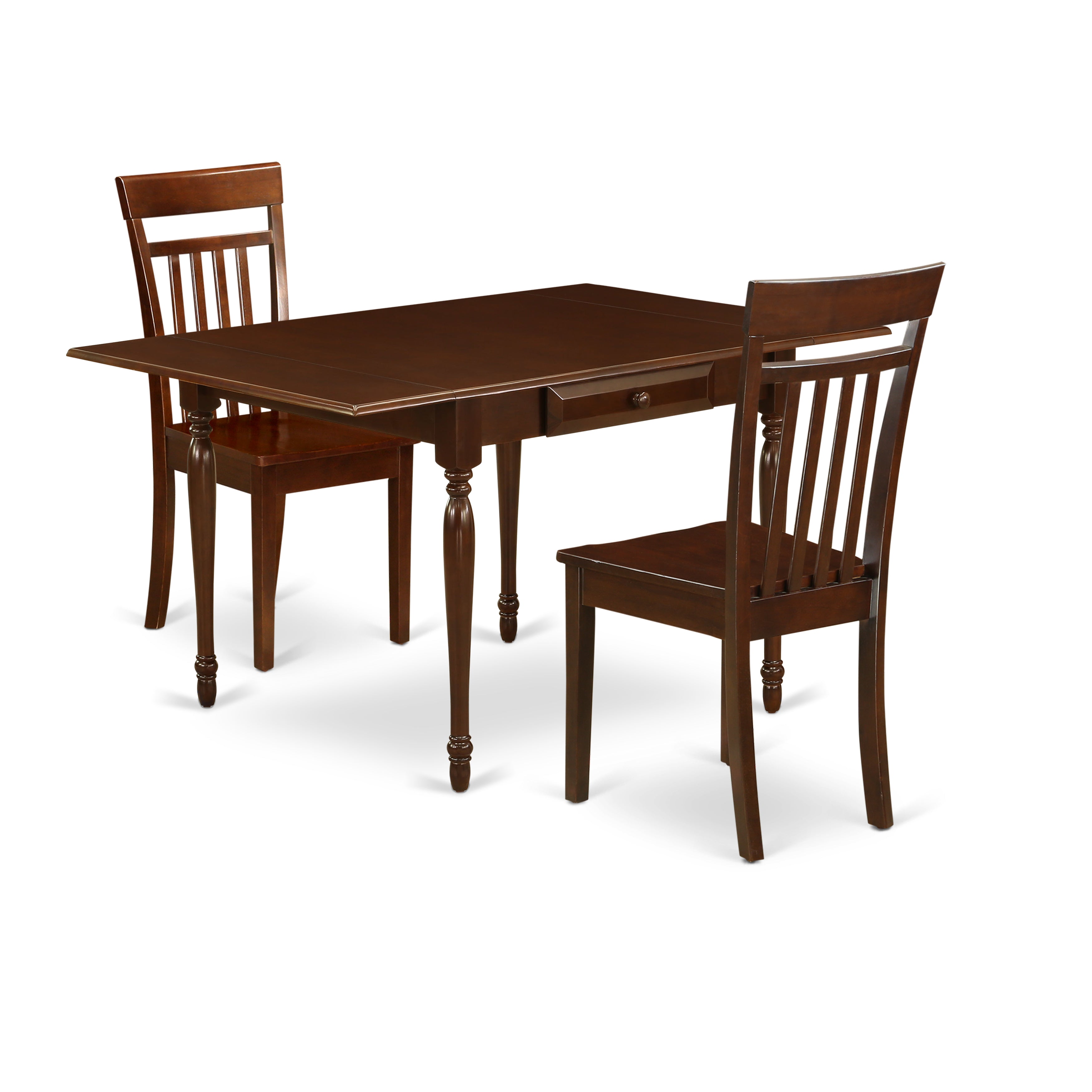 East West Furniture MZCA3-MAH-W 3Pc Dining Room Table Set Consists of a Dinette Table and 2 Dining Room Chairs with Solid Wood Seat, Drop Leaf Table with Slat Back Chairs, Mahogany Finish