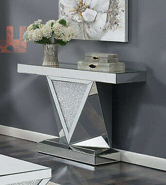 Rectangular Sofa Table With Triangle Detailing Silver And Clear Mirror 722509