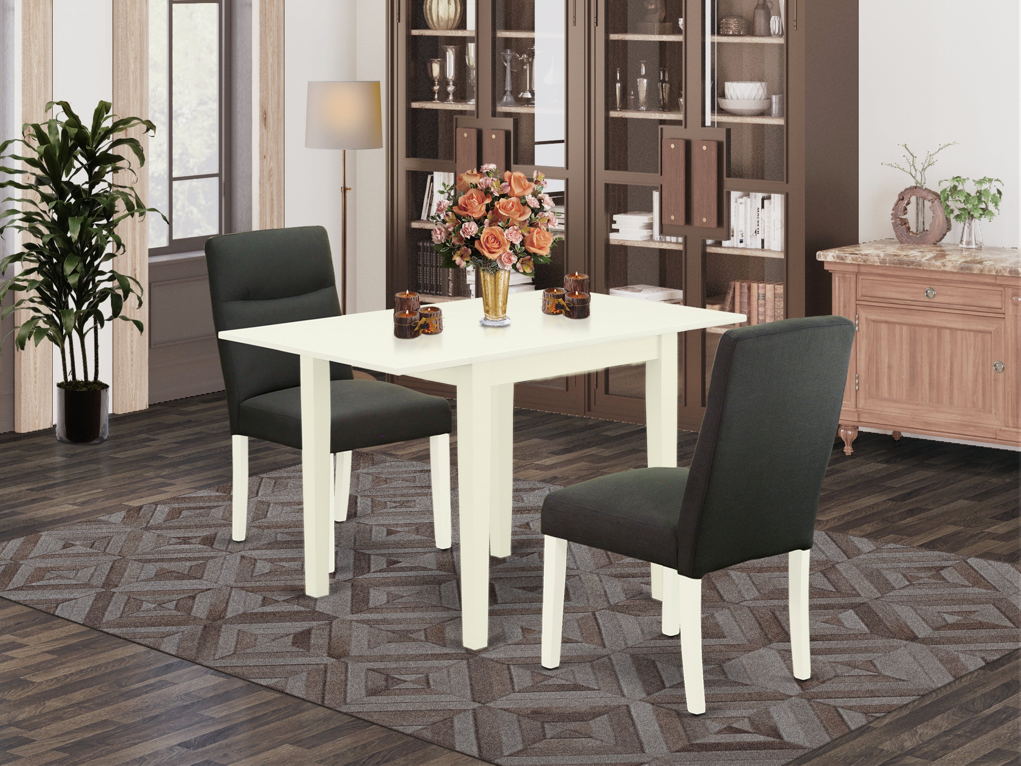 East West Furniture NDBE3-LWH-20 Dining Room Table Set 3 Pc - 2 Dining Room Chairs and a Dining Table - Linen White Finish Hardwood - Dark Gotham Grey Color Linen Fabric