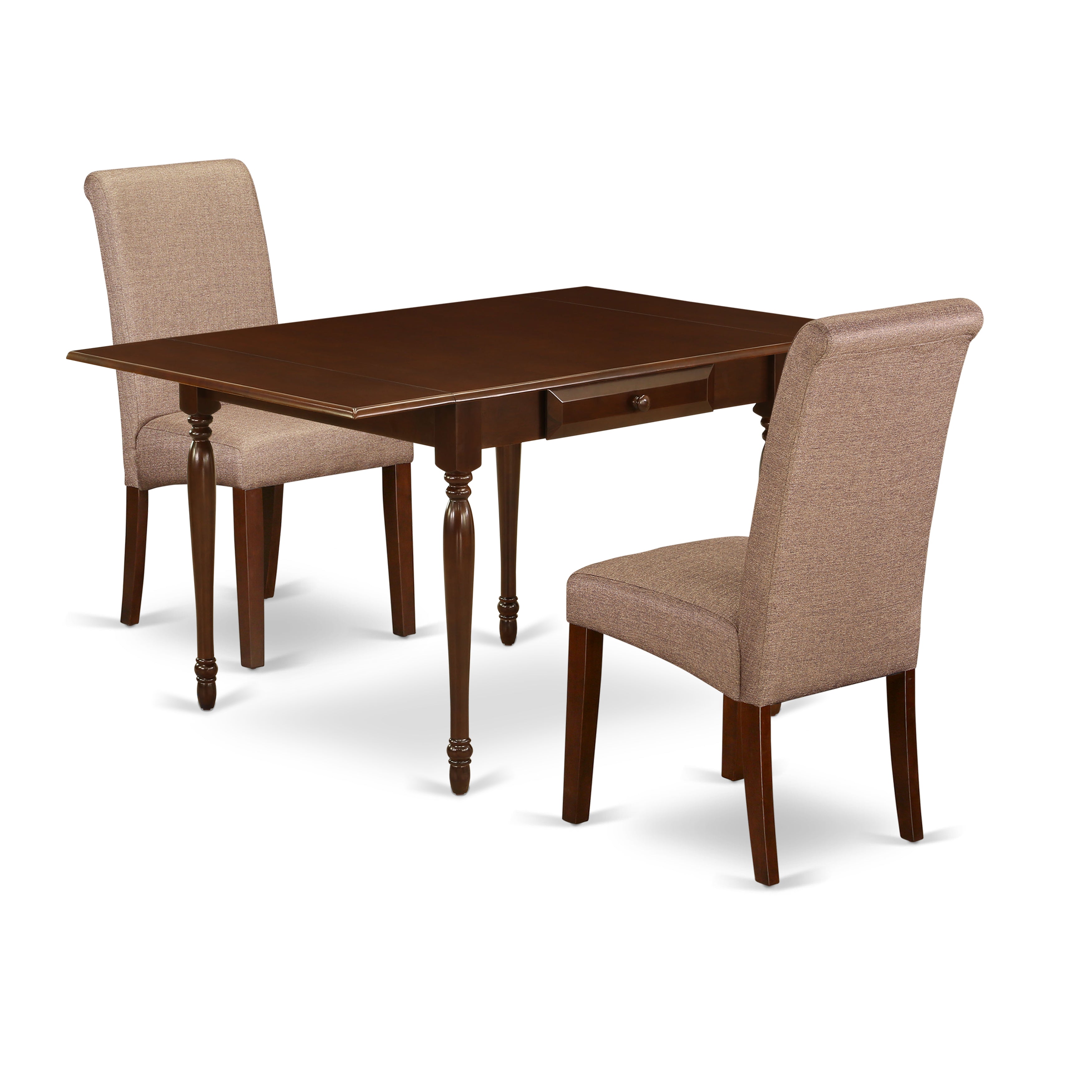 East West Furniture MZBA3-MAH-18 3Pc Dining Room Table Set Consists of a Small Kitchen Table and 2 Upholstered Dining Chairs with Brown Linen fabric Color Linen Fabric, Drop Leaf Table with Full Back Chairs, Mahogany Finish