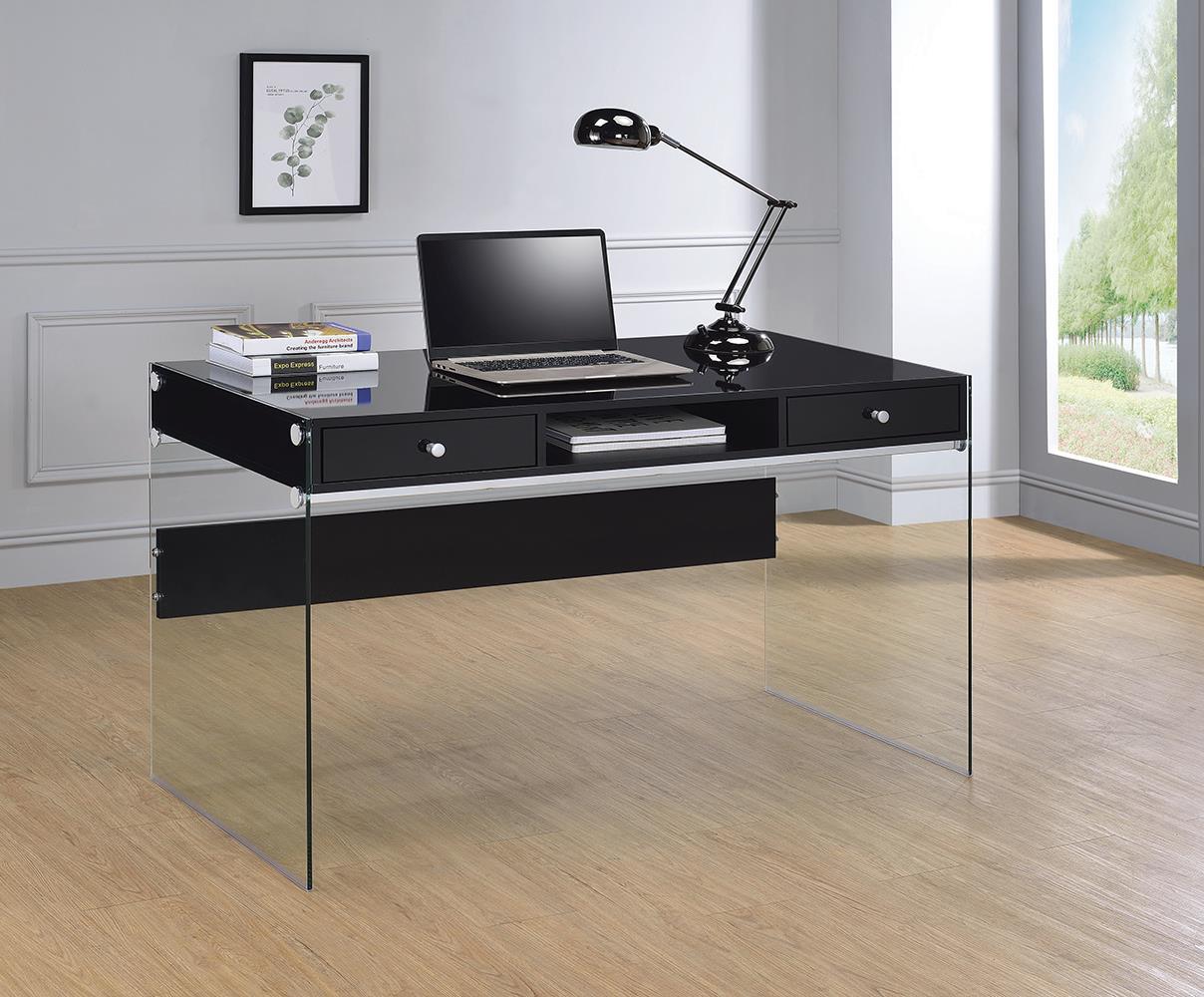 Coaster Dobrev 2-Drawer Writing Desk Glossy Black And Clear