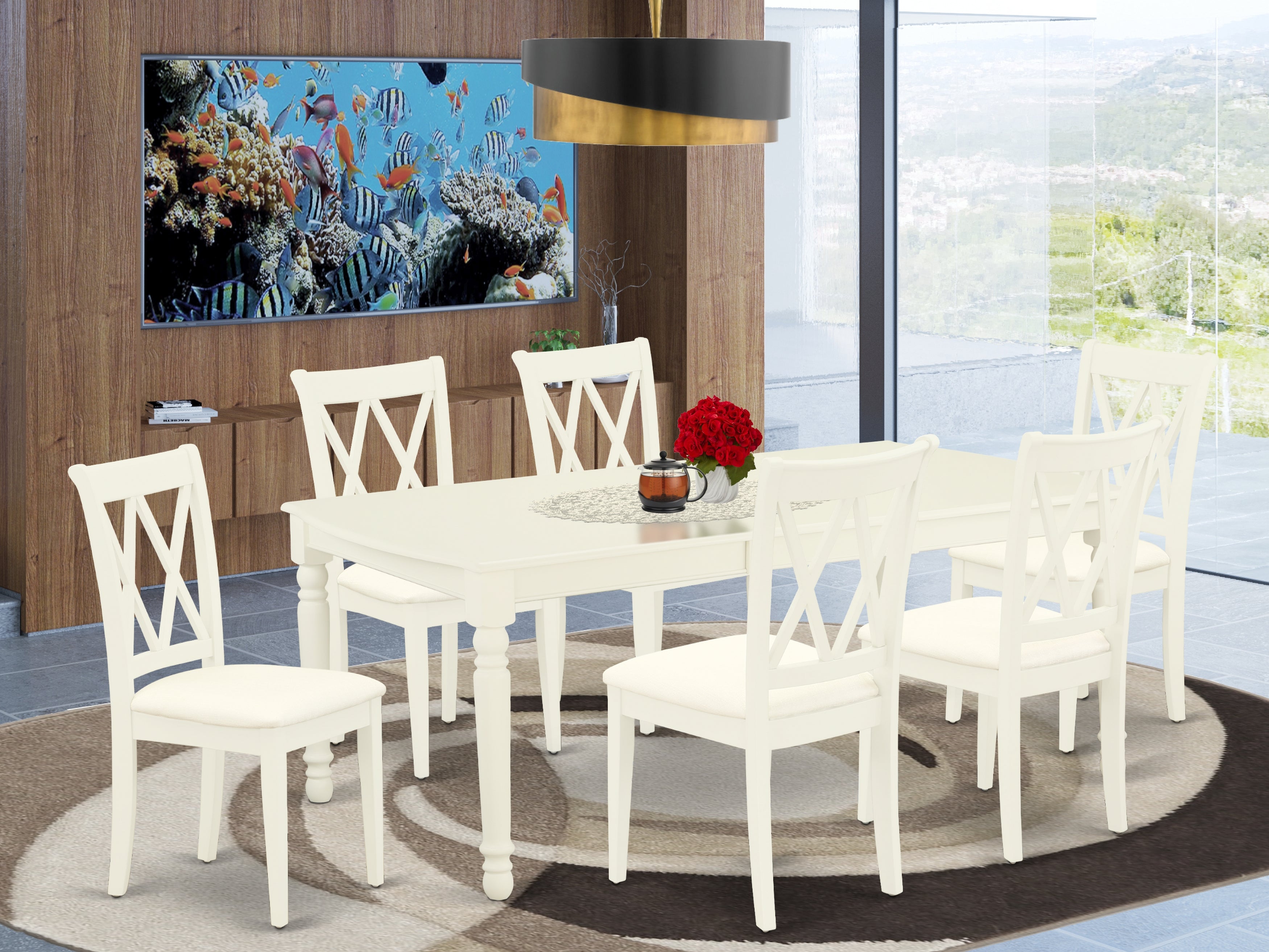 DOCL7-LWH-C 7Pc Dinette Set Includes a Rectangular Kitchen Table with Butterfly Leaf and Six Double X Back Microfiber Seat Dining Chairs, Linen White Finish