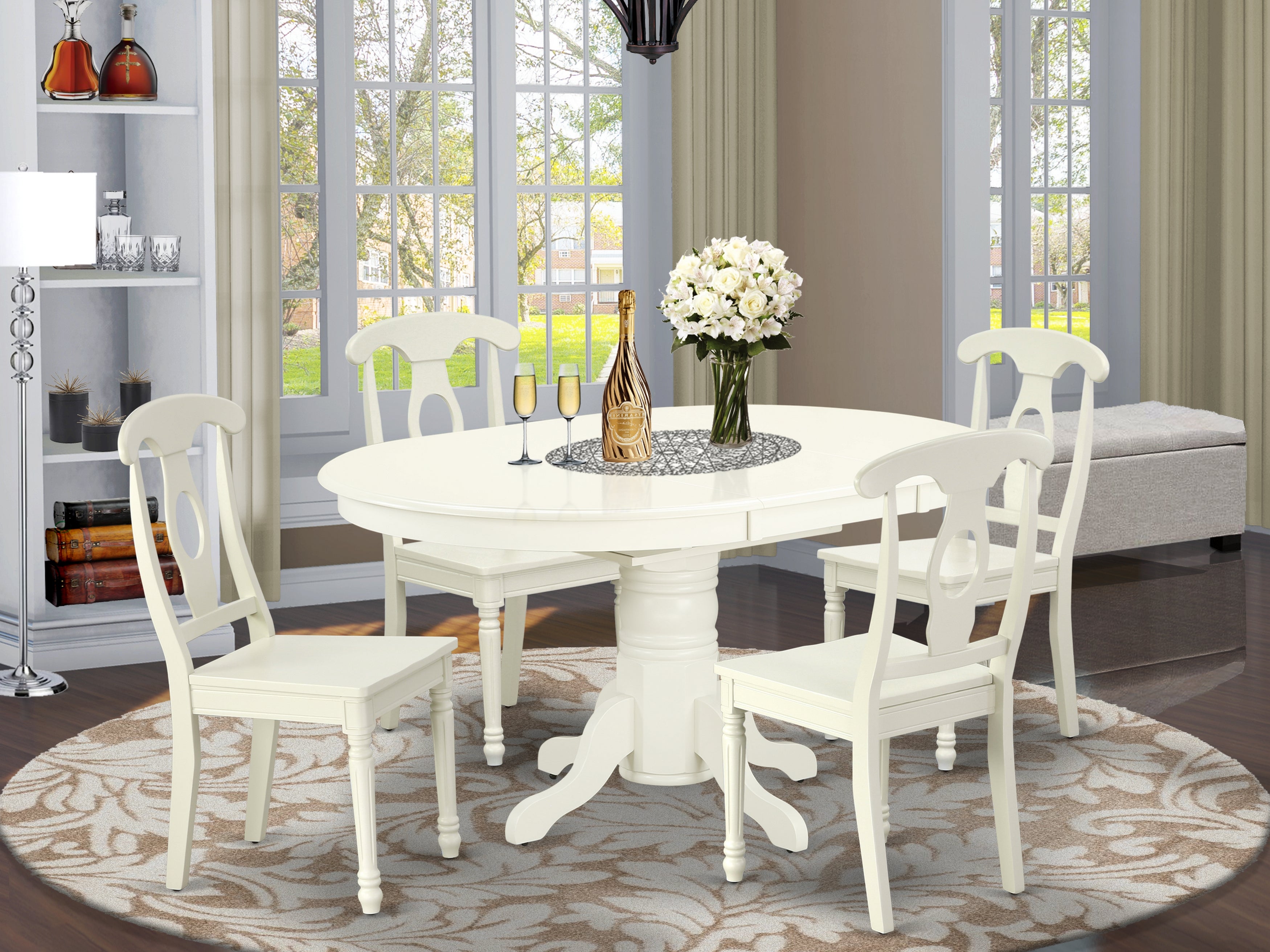 AVKE5-LWH-W 5PC Oval 42/60 inch Table with 18 In Leaf and 4 Panel Back Chairs