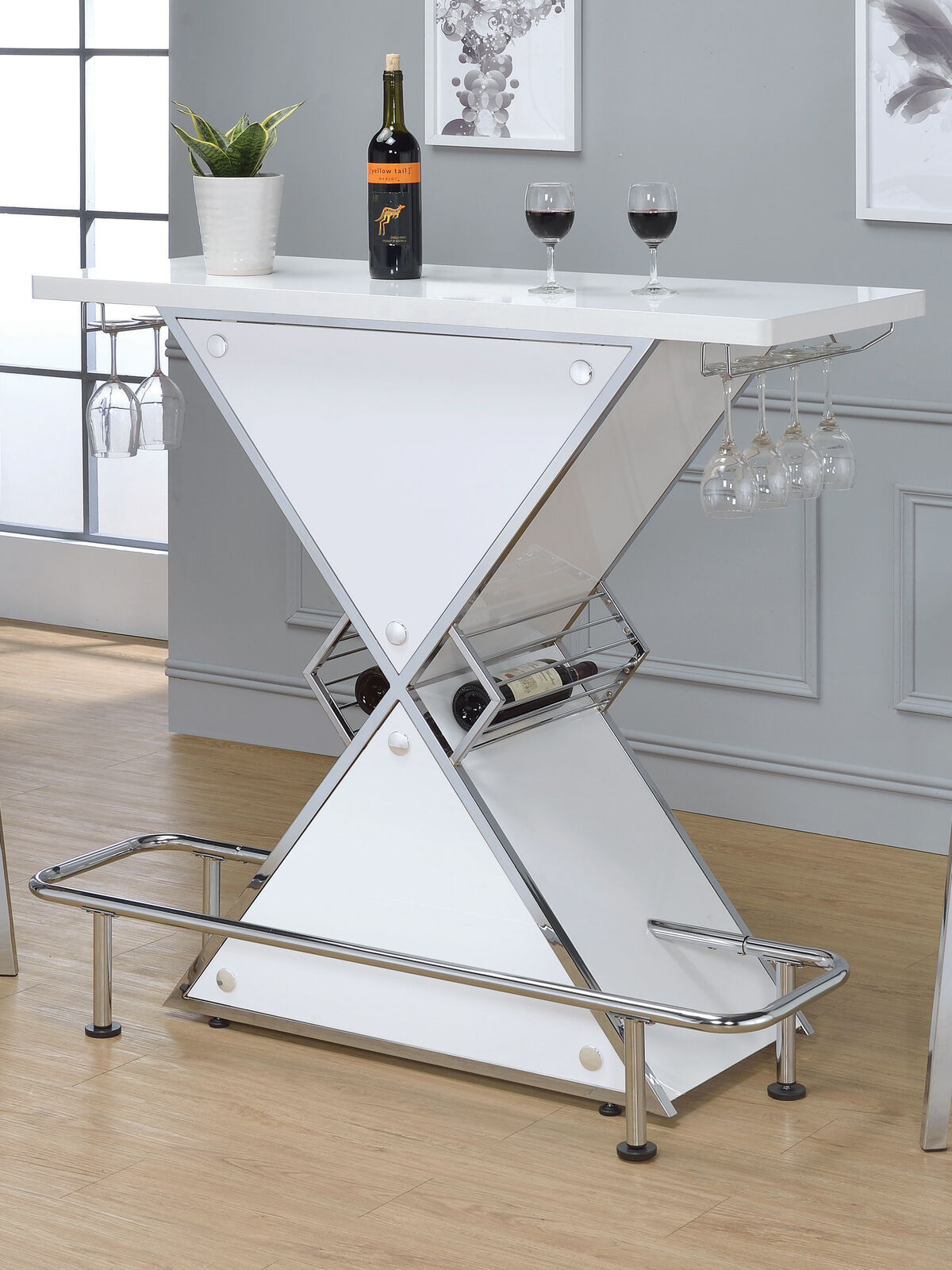 X-Shaped Bar Unit With Wine Bottle Storage Glossy White