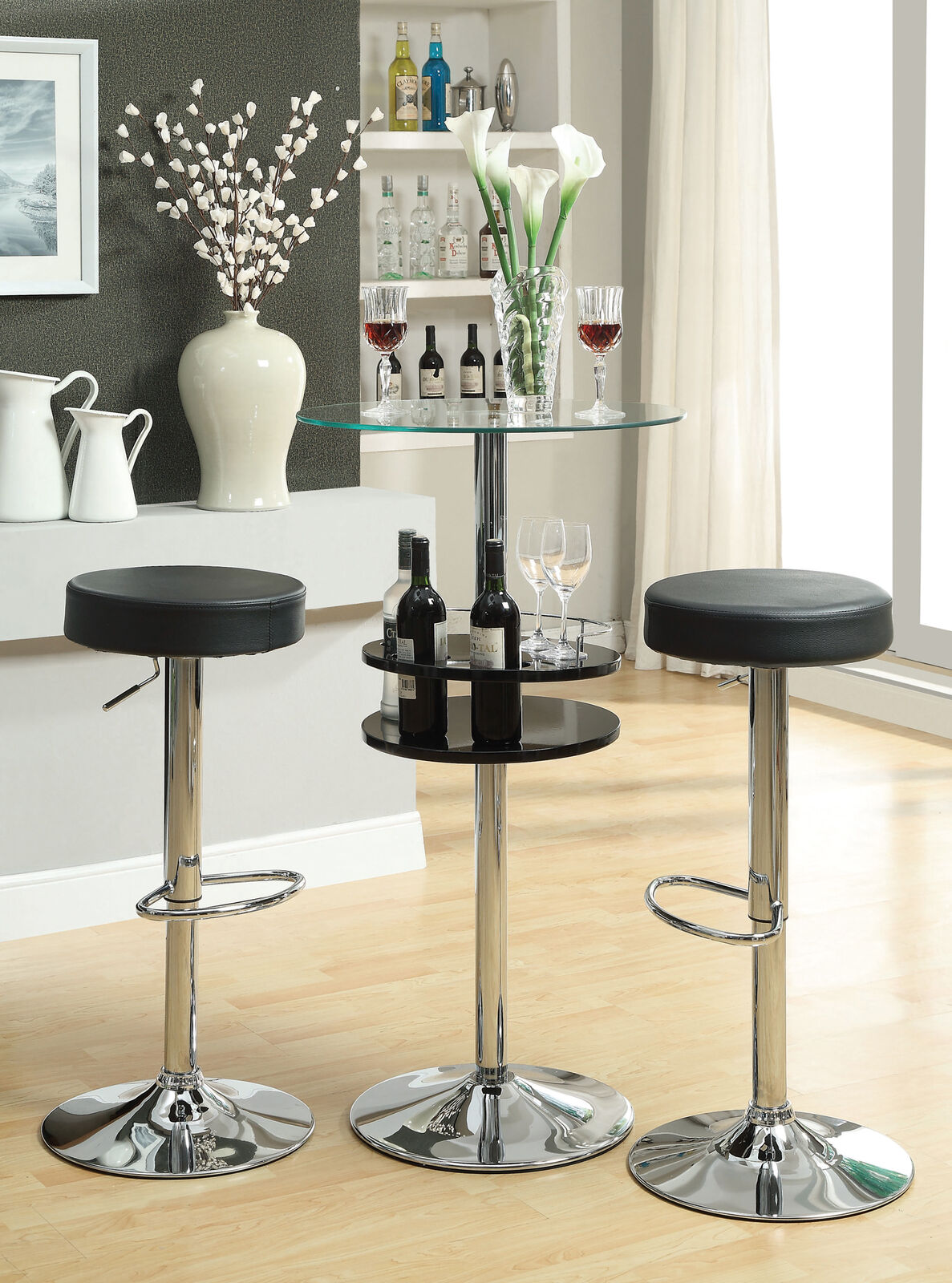 Tempered Glass Top Bar Table With Wine Storage Black And Chrome 120715