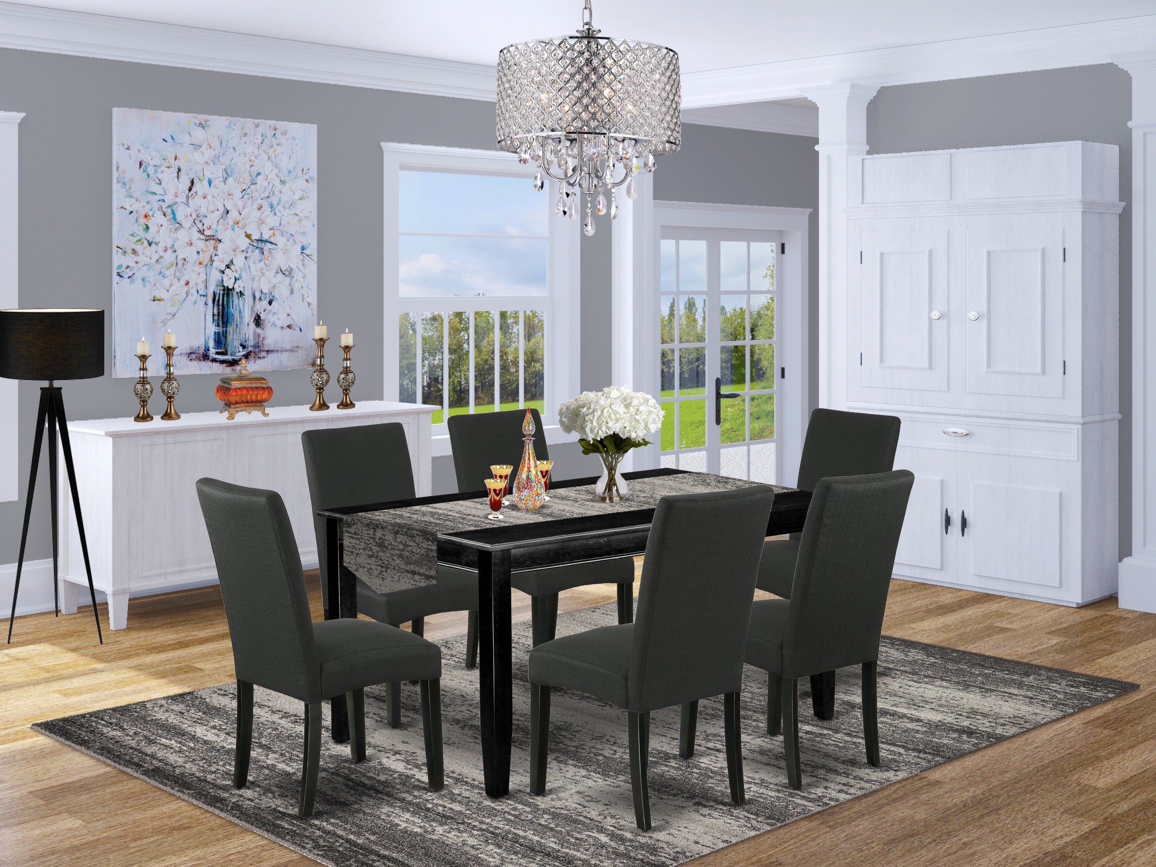 DUDR7-BLK-24 7Pc Rectangular 60 Inch Dining Table And Six Parson Chair With Black Finish Leg And Linen Fabric- Black Color