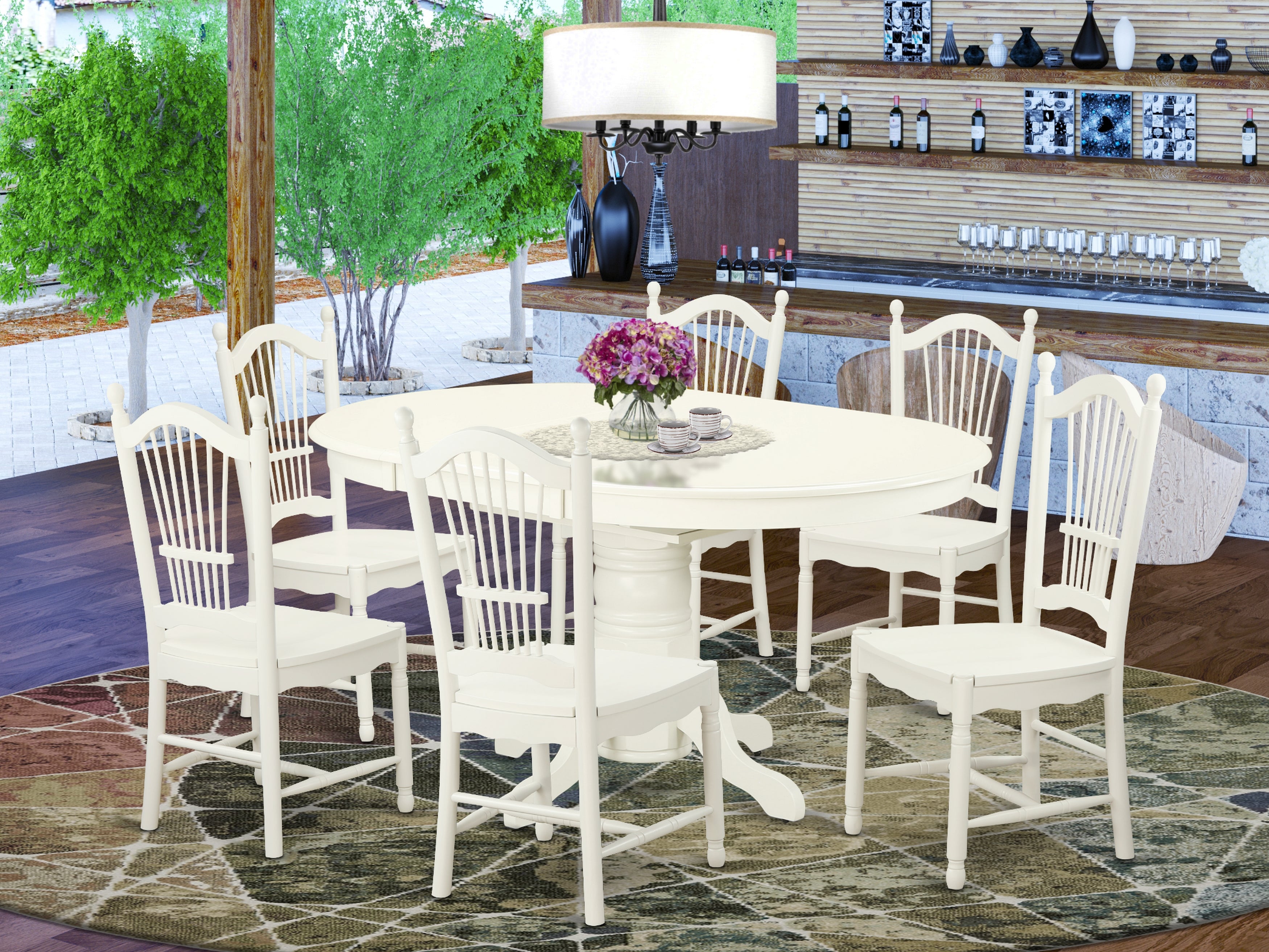 AVDO7-LWH-W 7 Pc Dining set with a Kitchen Table and 6 Wood Seat Kitchen Chairs in Linen White