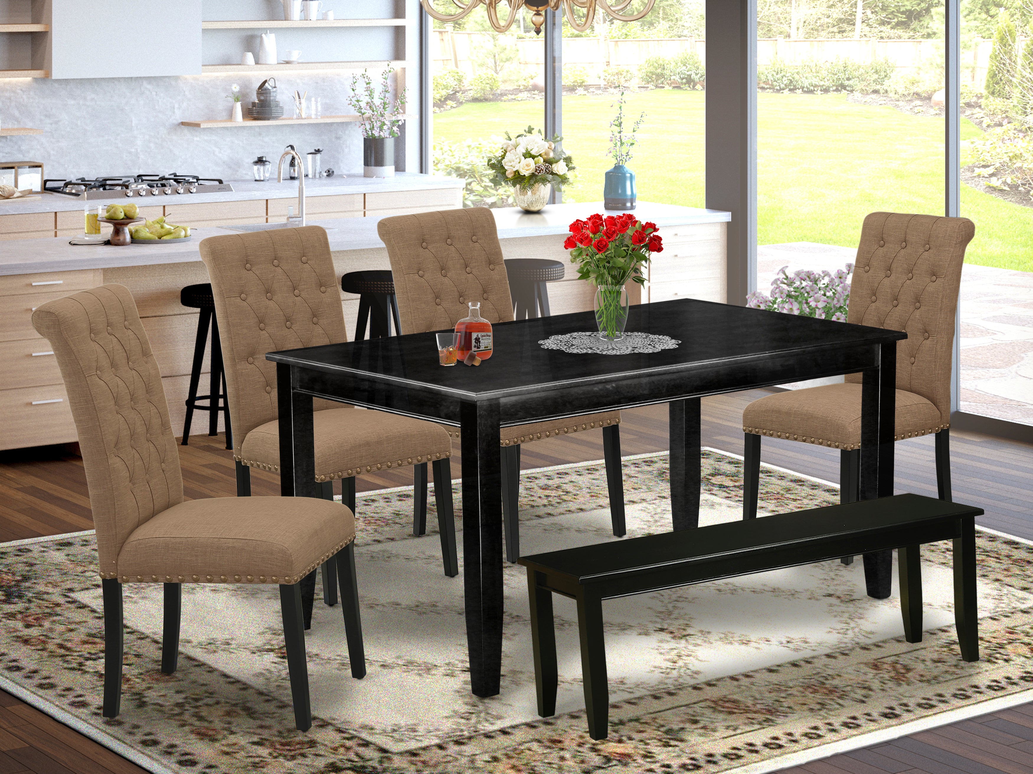 DUBR6-BLK-17 6Pc Dining Set Includes a Rectangle Dining Table, Four Parson Chairs with Light Sable Fabric and a Bench, Black Finish