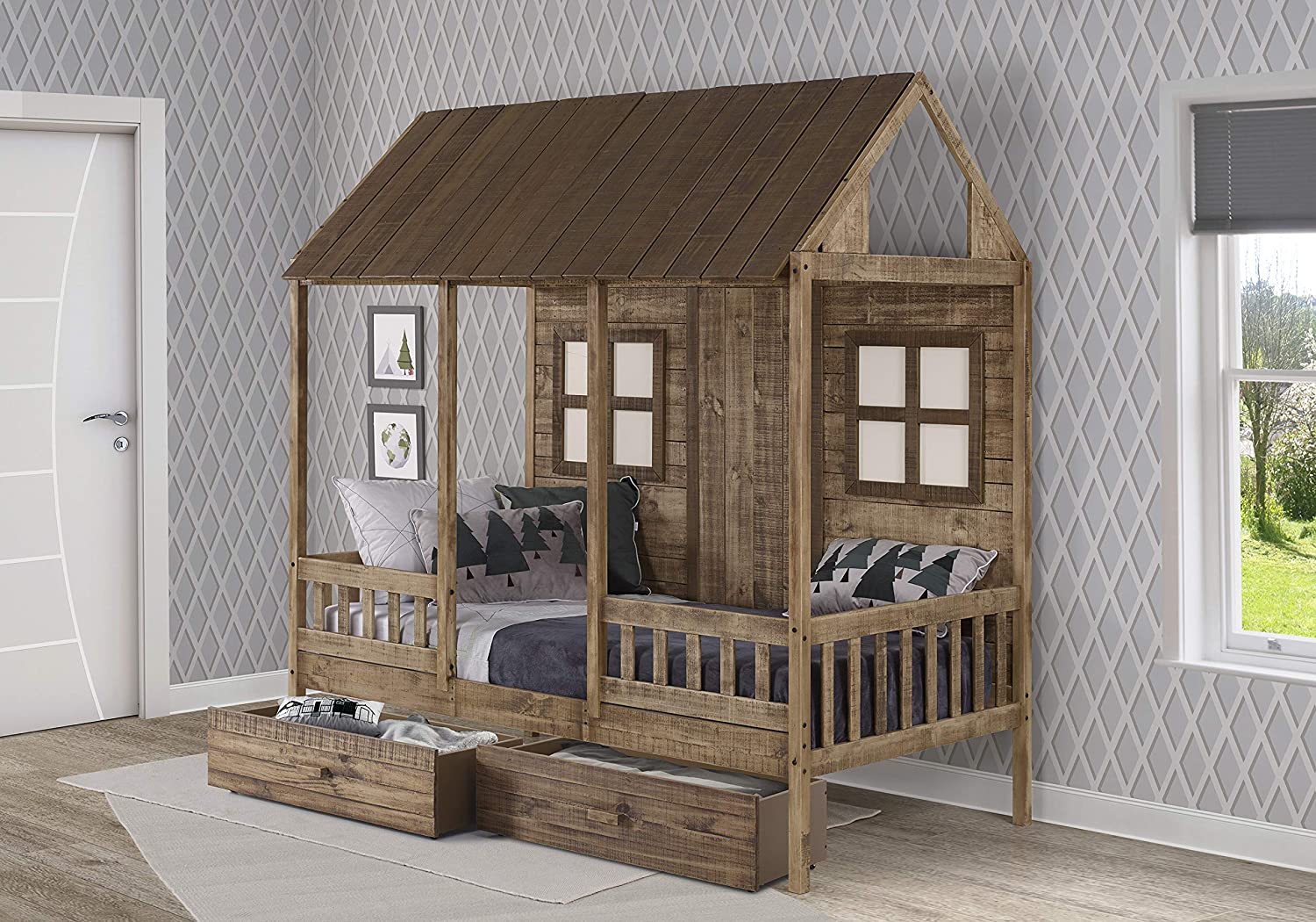 DONCO KIDS Twin Front Porch Low w/Dual Under-Bed Drawers, Rustic Driftwood Loft