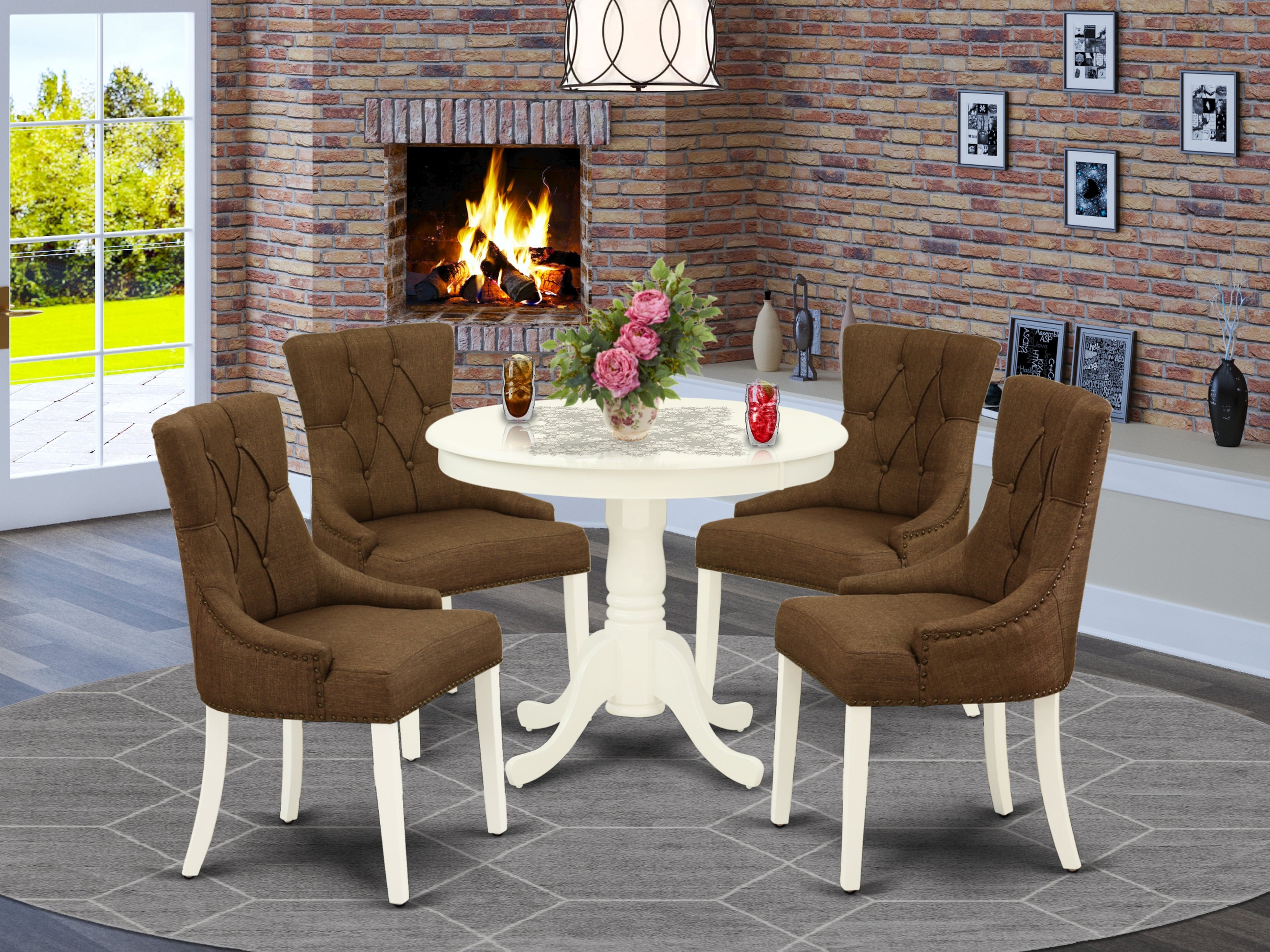 ANFR5-LWH-18 5Pc Dining Set Includes a Small Round Dinette Table and Four Parson Chairs with Dark Coffee Fabric, Linen White Finish