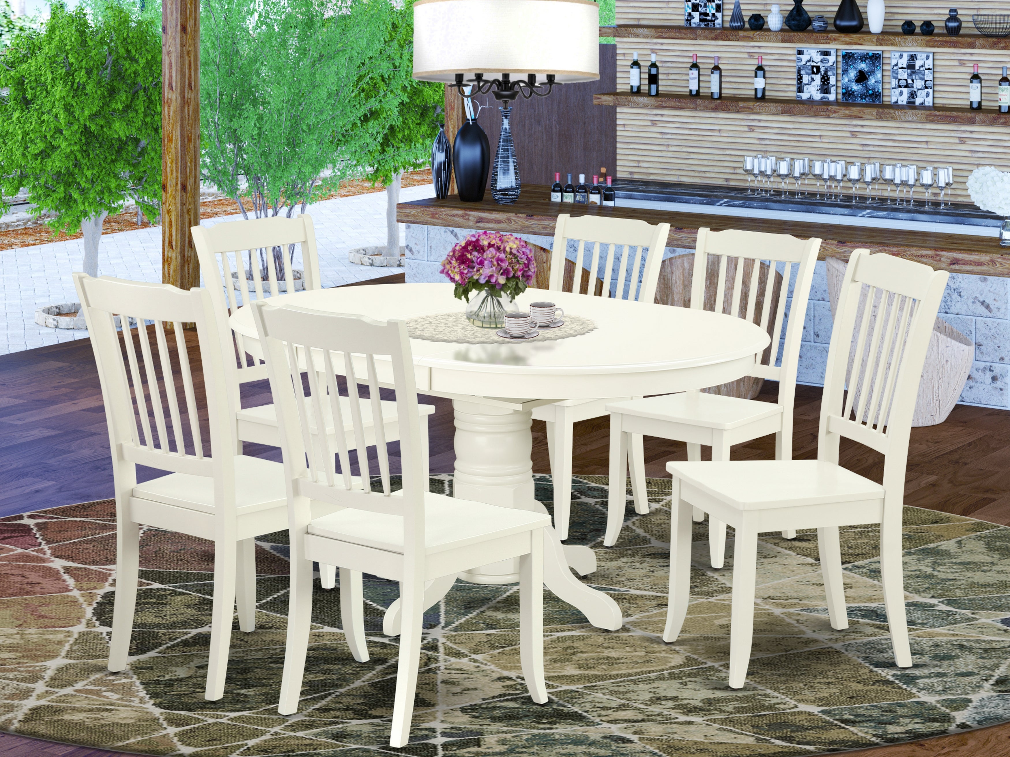 AVDA7-LWH-W 7PC Oval 42/60 inch Table with 18 In Leaf and 6 vertical slatted Chairs