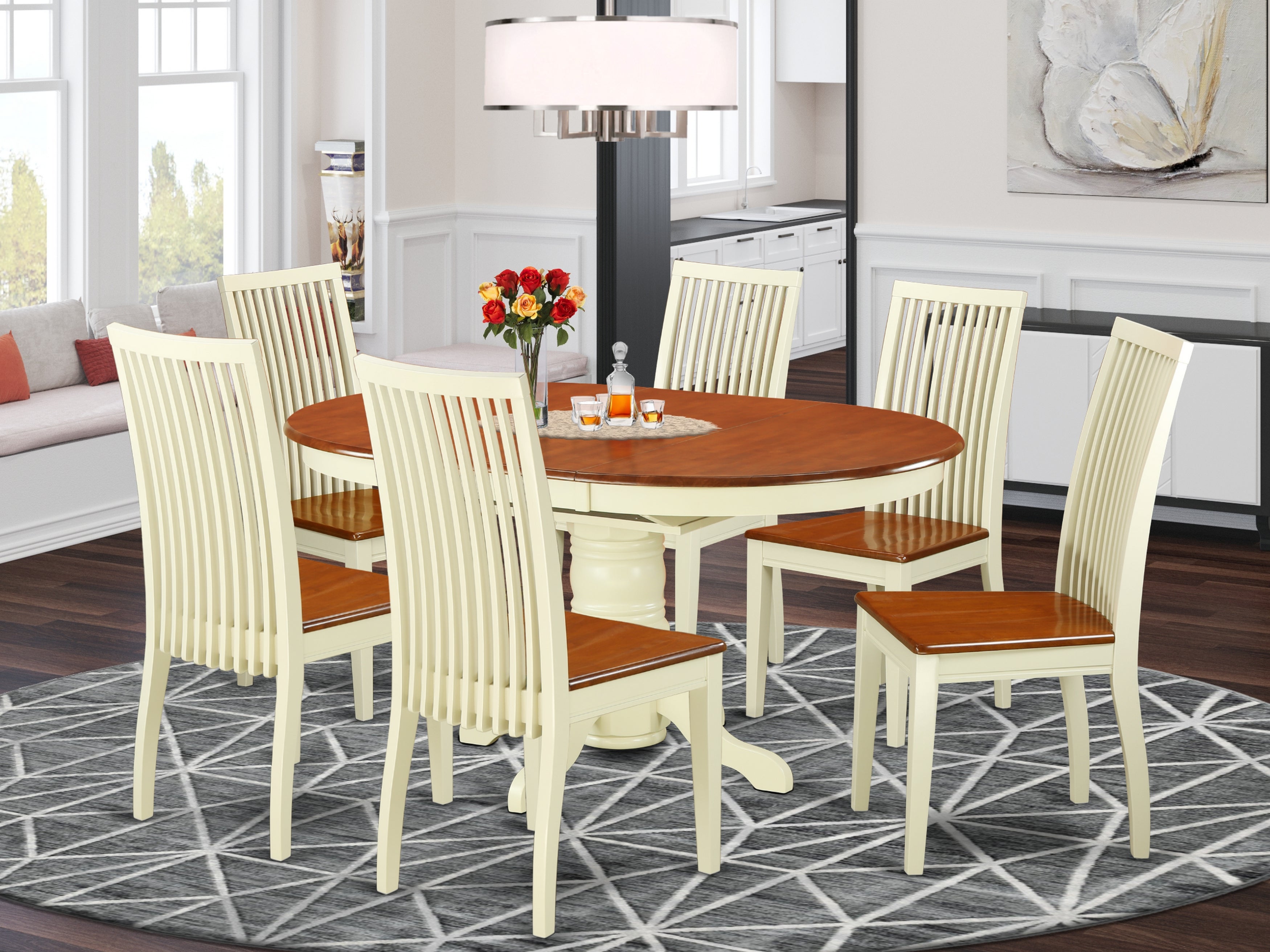 AVIP7-WHI-W 7 Pc Dining set with a Kitchen Table and 6 Wood Seat Kitchen Chairs in Buttermilk and Cherry