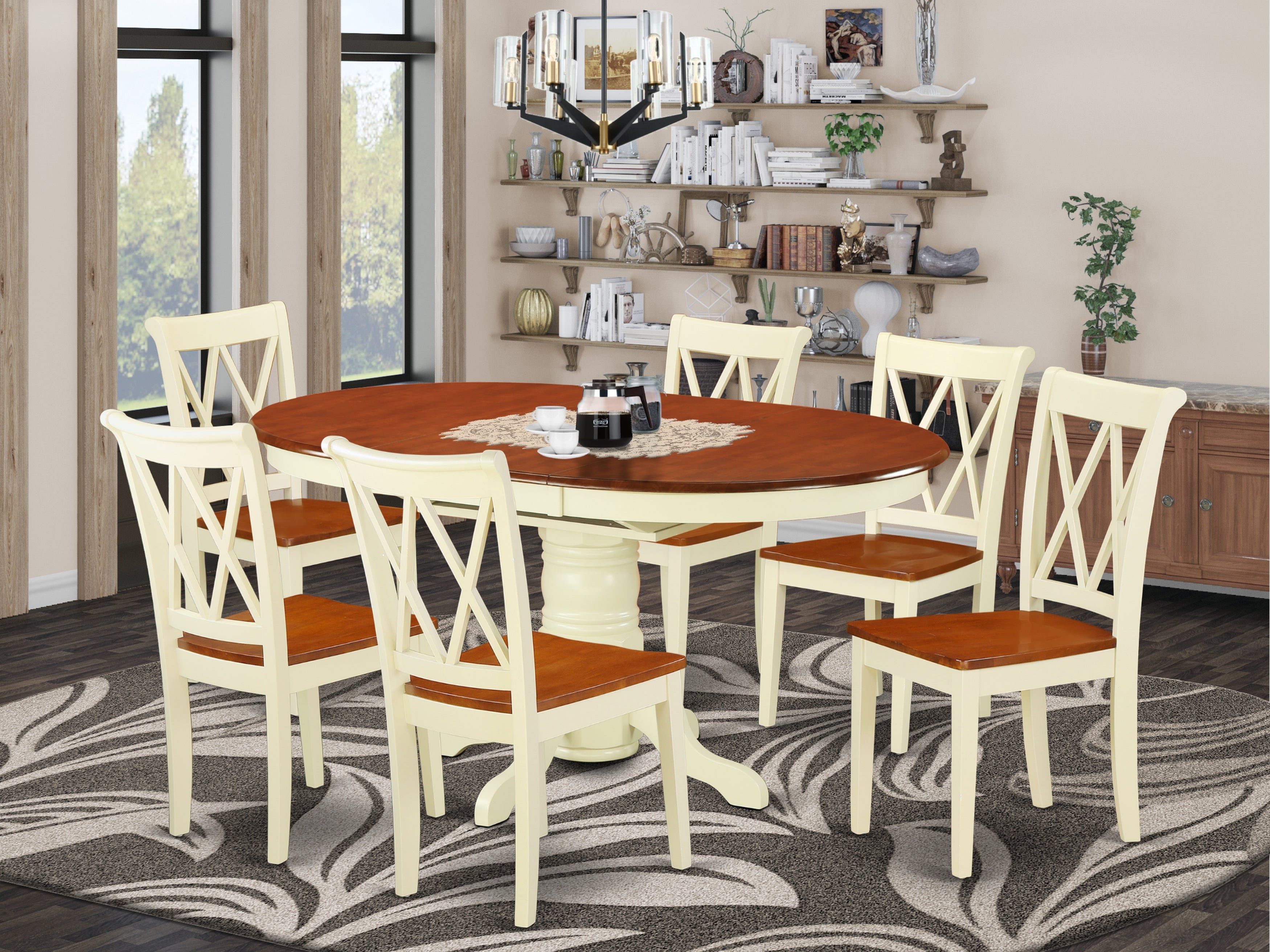 KECL7-BMK-W 7PC Oval 42/60 inch Table with 18 In Leaf and 6 Double X back Chairs